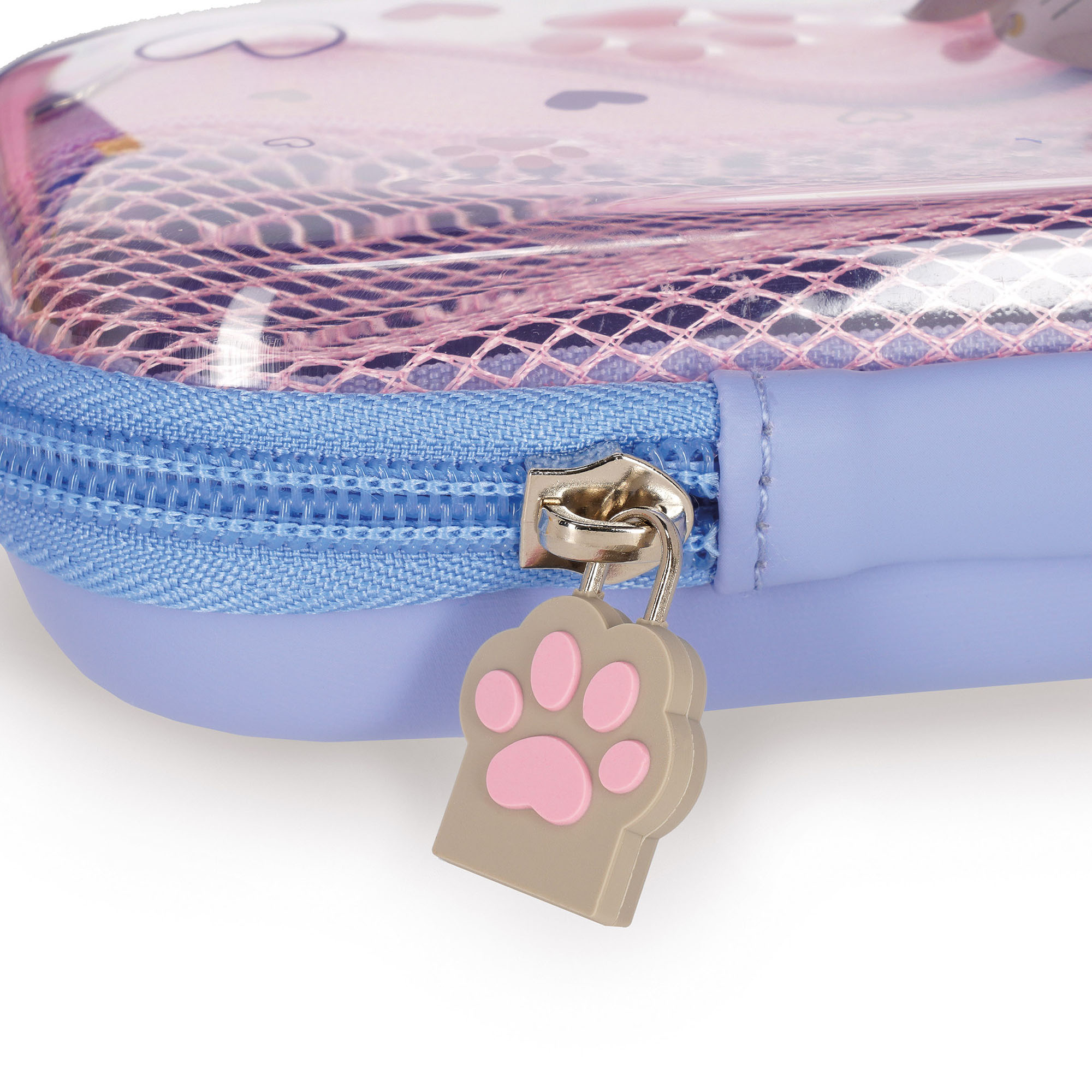 Lilafarbenes Federmäppchen im Katzen-Design, in Nahaufnahme mit rosafarbenem Pfoten-Reißverschlussanhänger gezeigt.