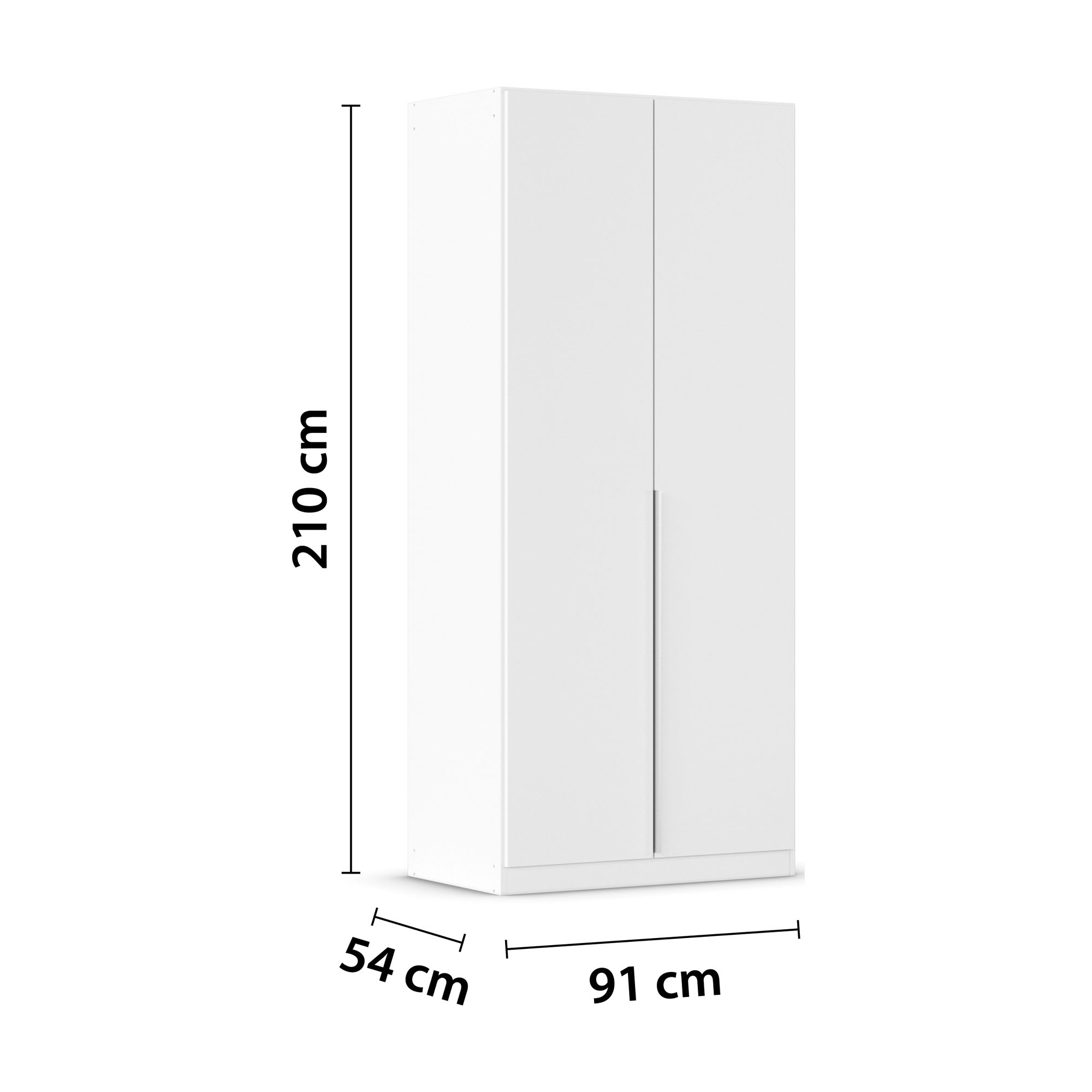 Weißer Kleiderschrank mit eingezeichneten Gesamtmaßen von 210 cm Höhe, 91 cm Breite und 54 cm Tiefe