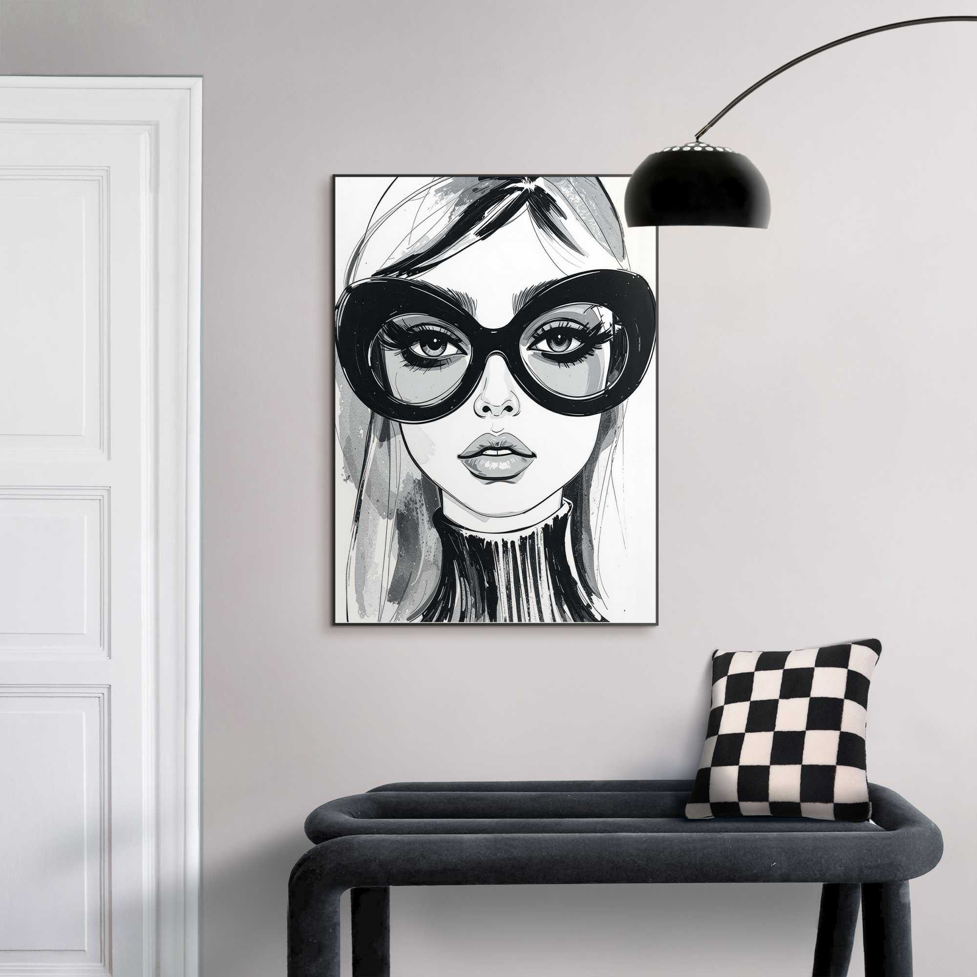 Das Wandbild „Fashion Glasses“ in Schwarz-Weiß, 50 × 70 cm, hängt in einem eingerichteten Wohnraum und zeigt die Größenwirkung an der Wand.