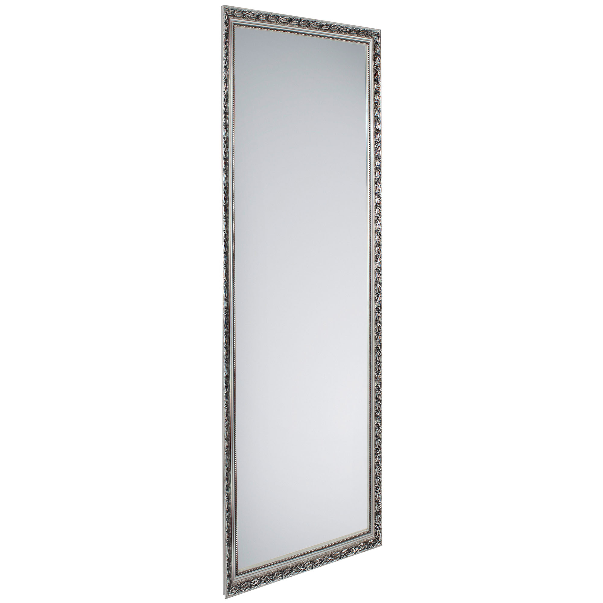 Spiegel Sonja in Silber, freigestellt in vollständiger Ansicht; zu sehen ist die rechteckige Spiegelfläche mit ornamentiertem Rahmen; Maße ca. 50 x 150 x 3,5 cm.