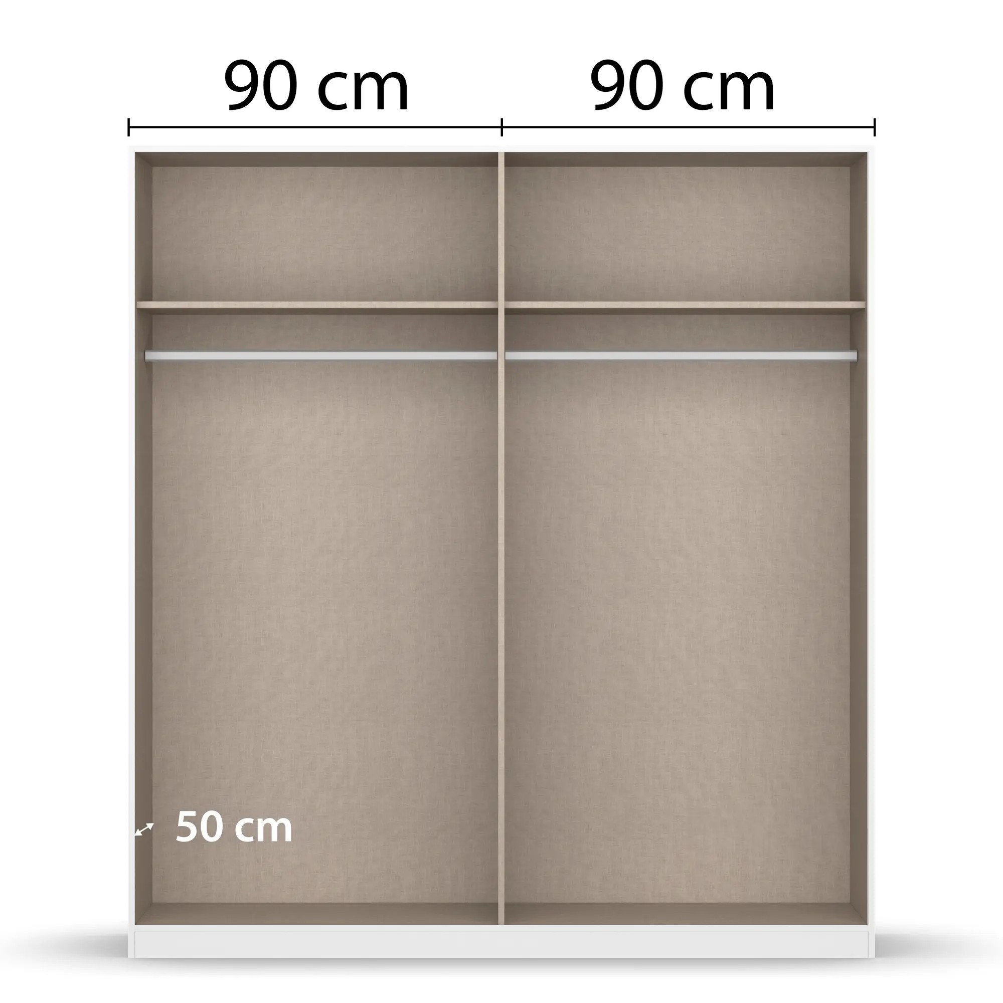 Innenansicht eines Kleiderschranks mit zwei gleich großen Bereichen à 90 cm Breite und Kleiderstangen sowie Ablagefächern