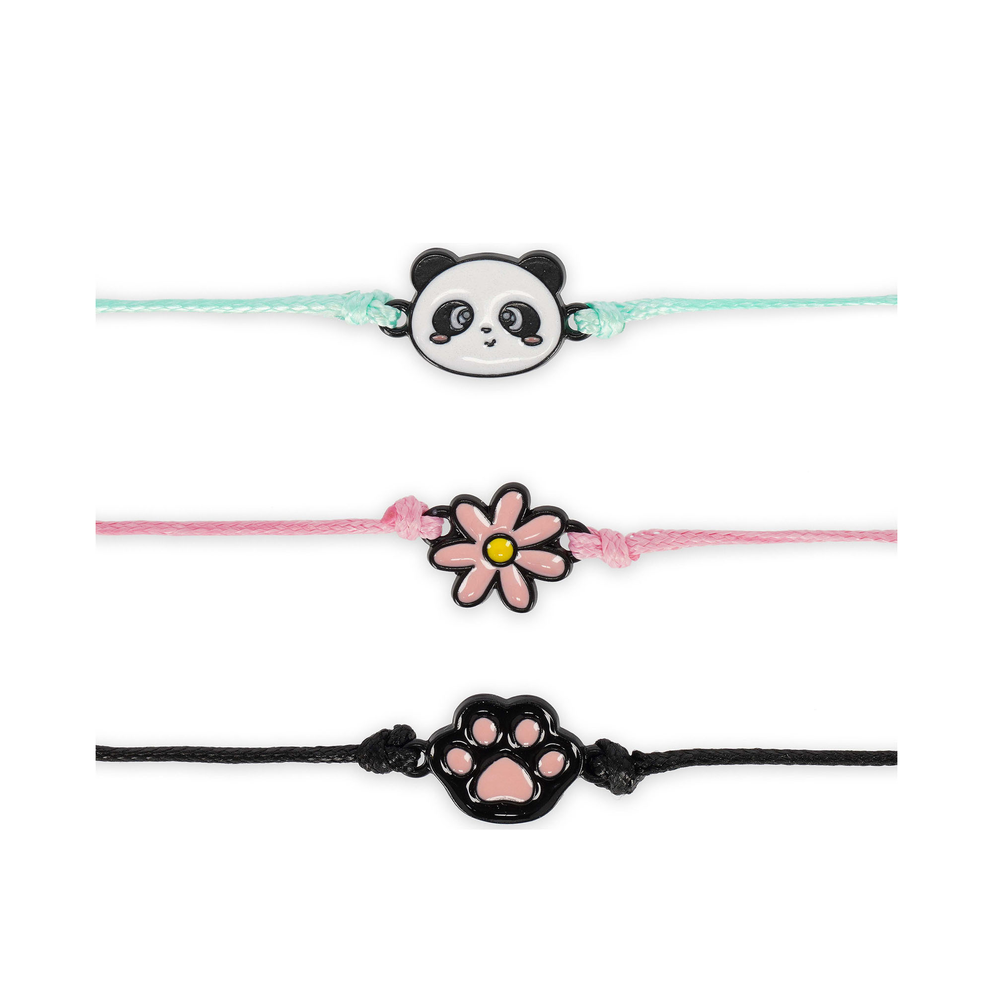 Drei Armbänder mit Panda- und Blumenanhängern, mit drei Armbändern und gut sichtbaren Anhängern waagerecht angeordnet.