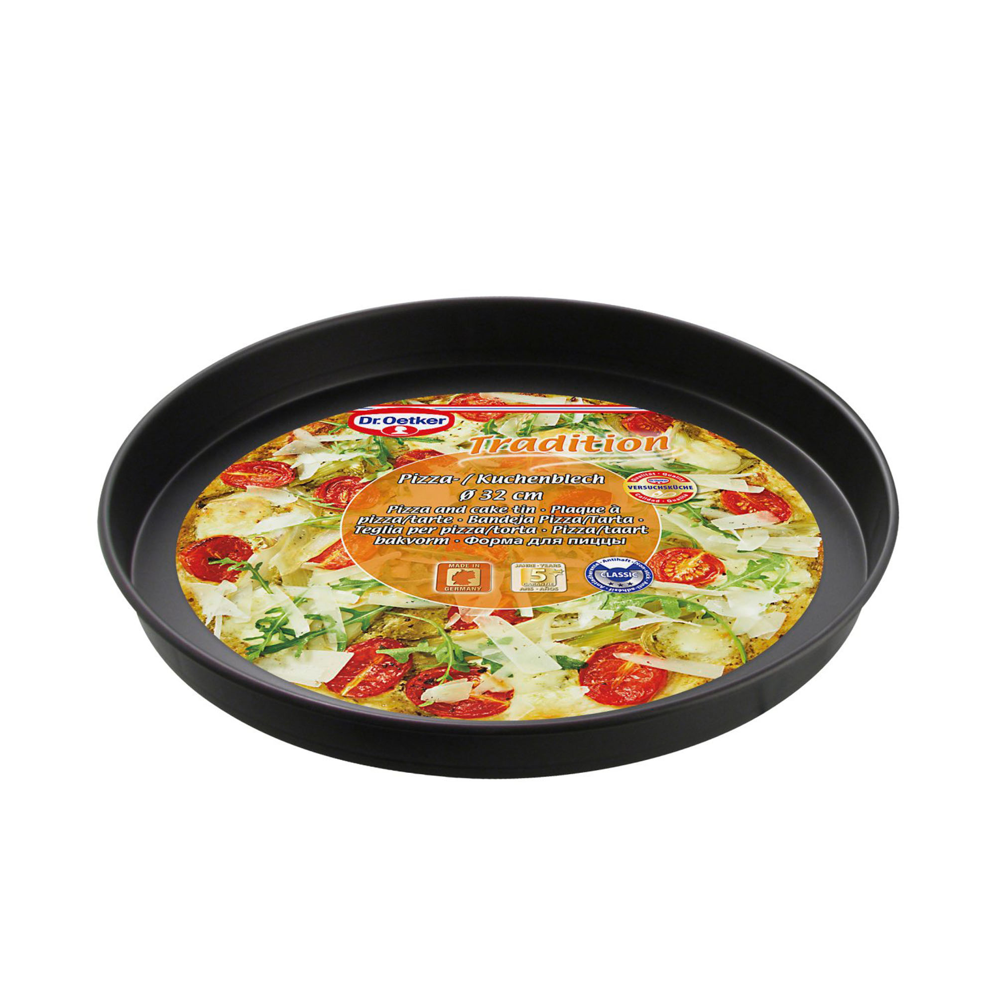 Rundes Backblech mit Verpackung und Pizza-Abbildung