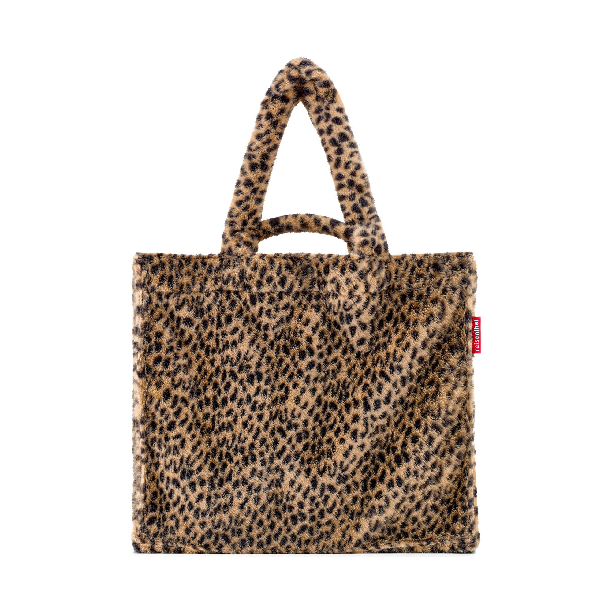 Shopper von Reisenthel, Modell Softshopper, in Braun und Schwarz mit Leopardenmuster aus Fellimitat, von hinten mit langen und kurzen Tragegriffen