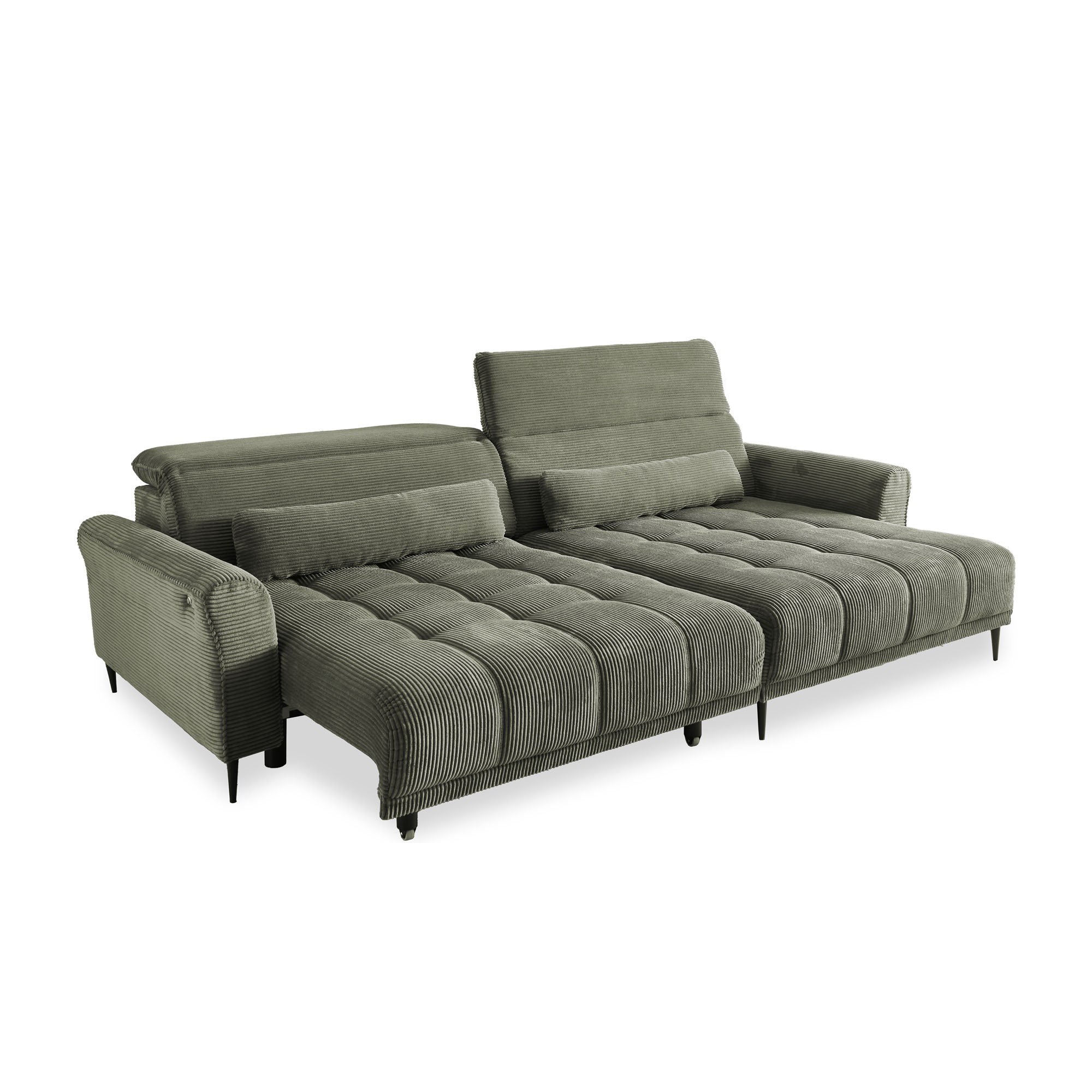Großes Sofa in grünem Cordstoff mit strukturierter Oberfläche und bequemer Polsterung.