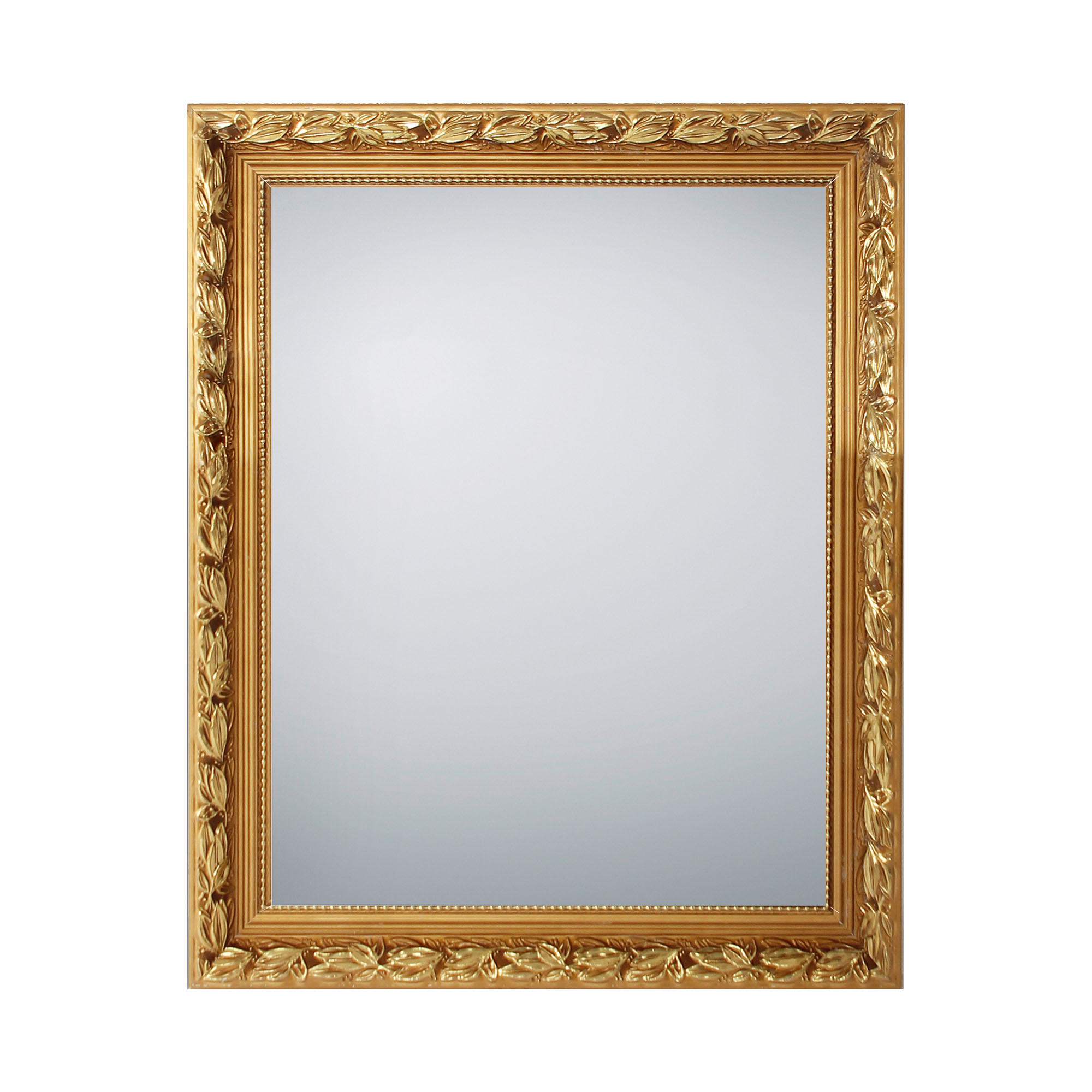 Spiegel Sonja in Gold, freigestellt in einer zweiten Gesamtansicht; zu sehen ist die rechteckige Spiegelfläche mit ornamentiertem Rahmen; Maße ca. 55 x 70 x 3,5 cm.
