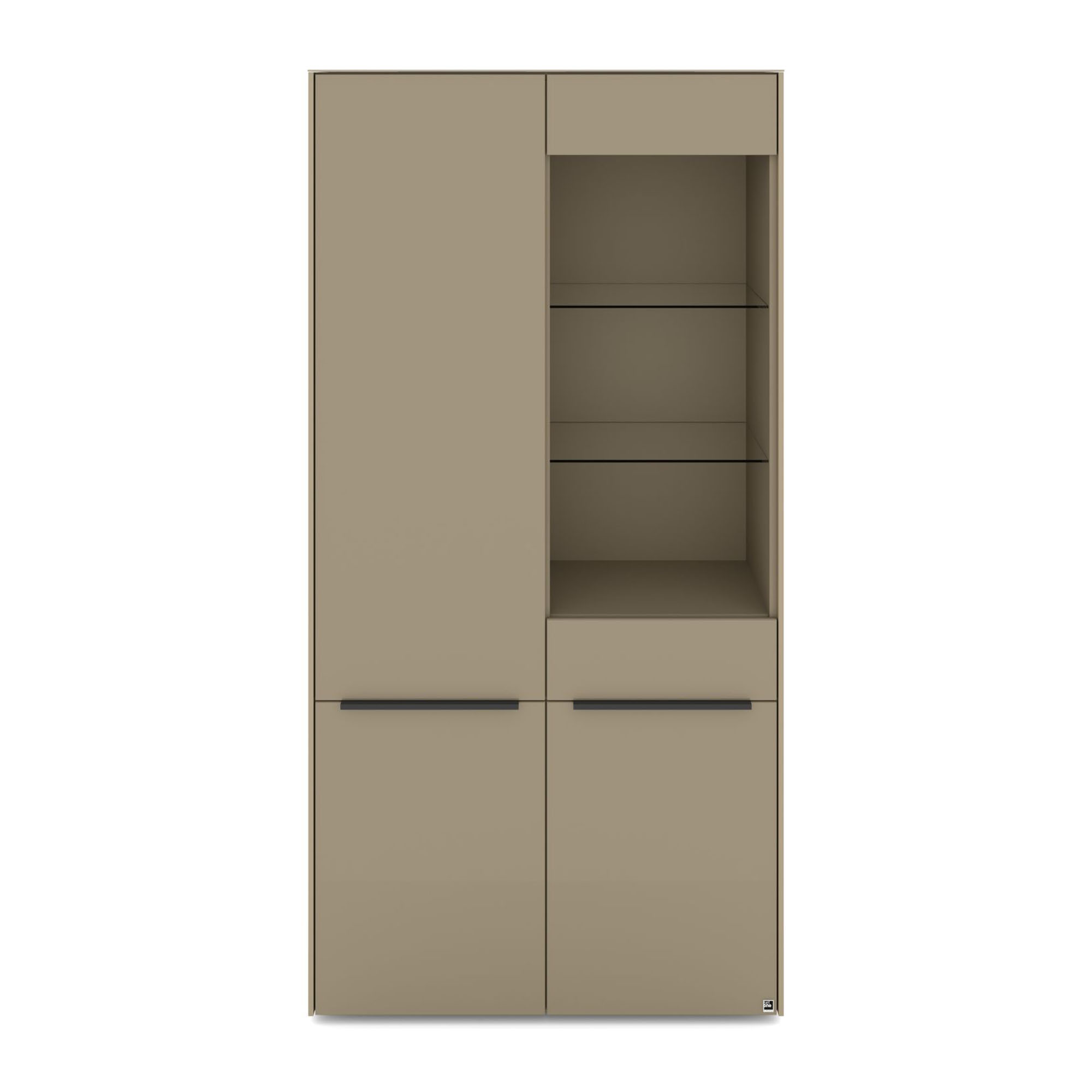 Taupe-Vitrine mit graphitschwarzen Griffen