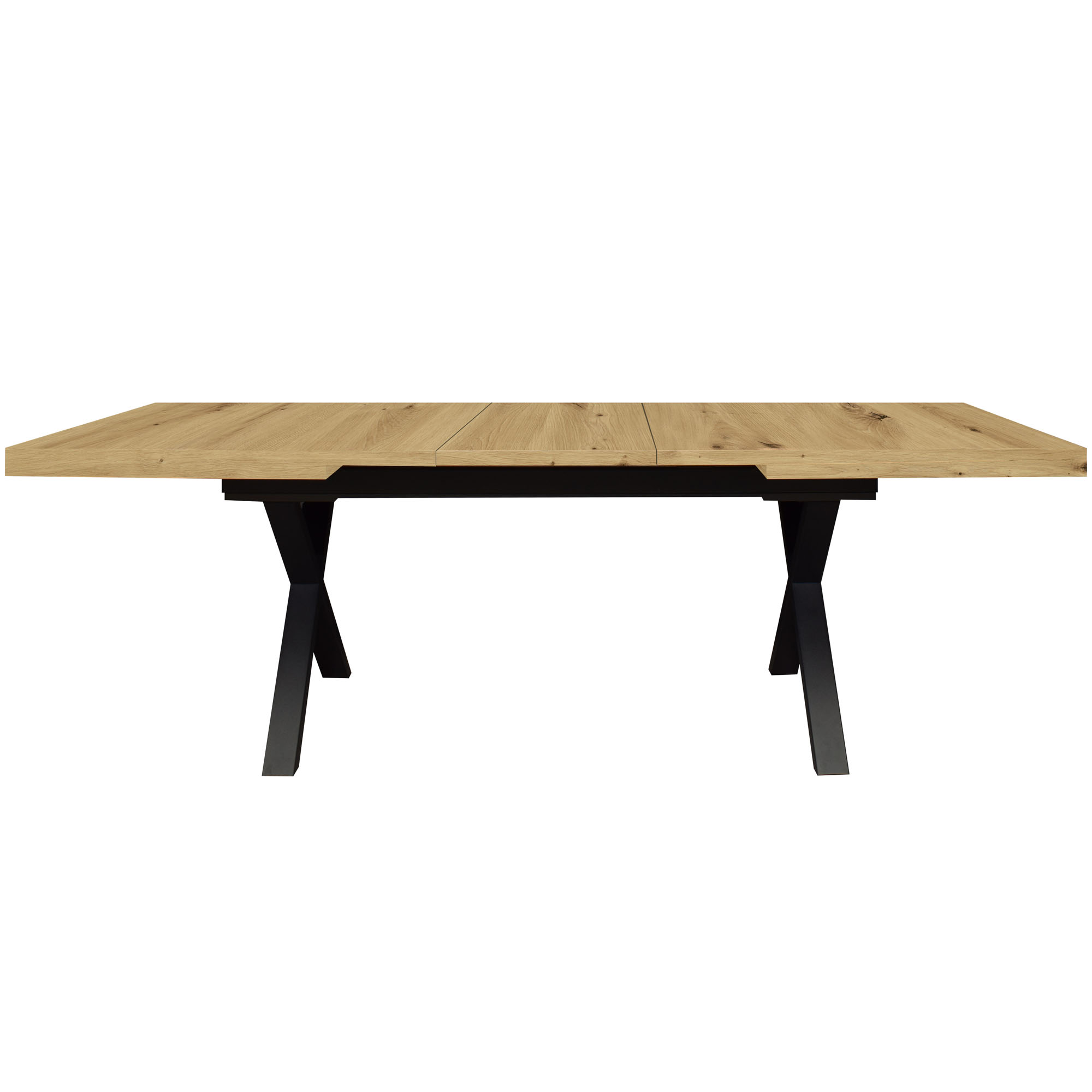 Frontalansicht eines modernen Esstischs mit breiter Holzplatte und schwarzem Metallgestell in X-Form