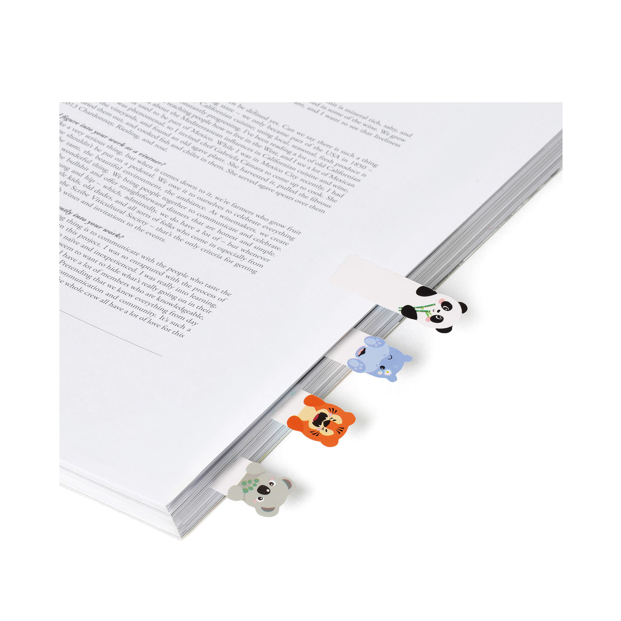 Selbstklebende Seitenmarker mit verschiedenen Tiermotiven, an den Seitenrändern eines geöffneten Buches angebracht gezeigt.