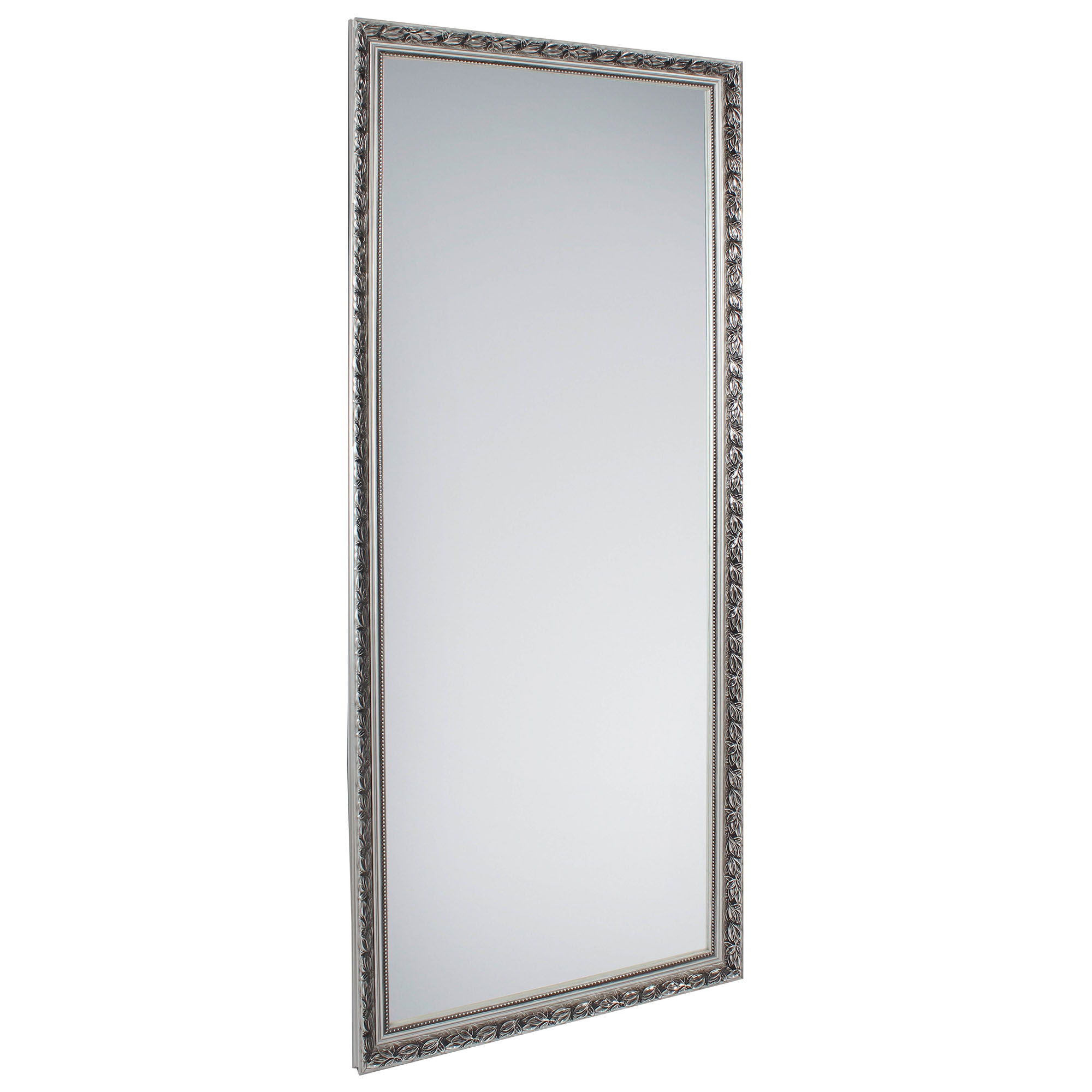 Spiegel Sonja in Silber, freigestellt in vollständiger Ansicht; zu sehen ist die rechteckige Spiegelfläche mit ornamentiertem Rahmen; Maße ca. 70 x 170 x 3,5 cm.