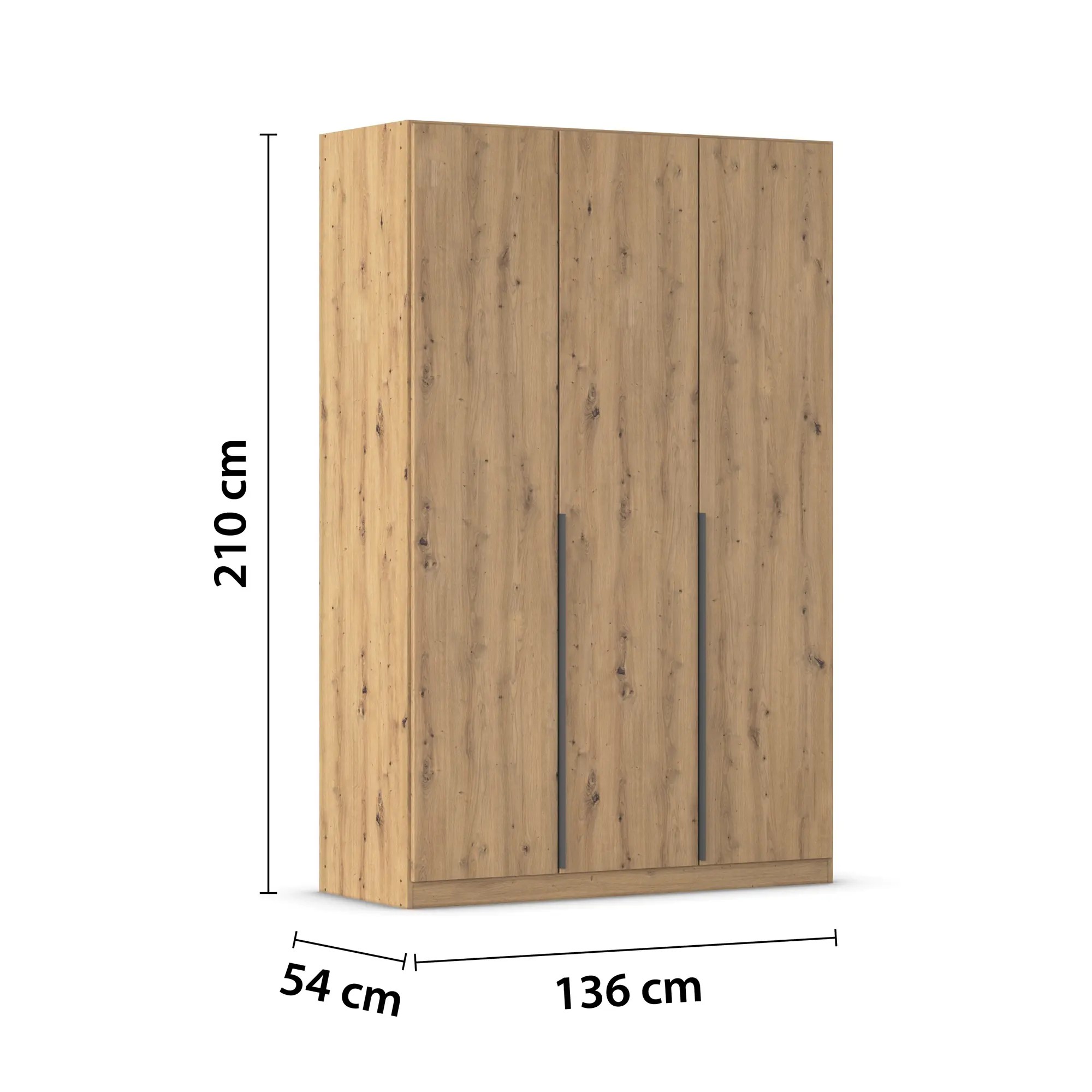 3-türiger Kleiderschrank in Eiche Artisan mit Maßangaben Breite 136 cm, Höhe 210 cm und Tiefe 54 cm