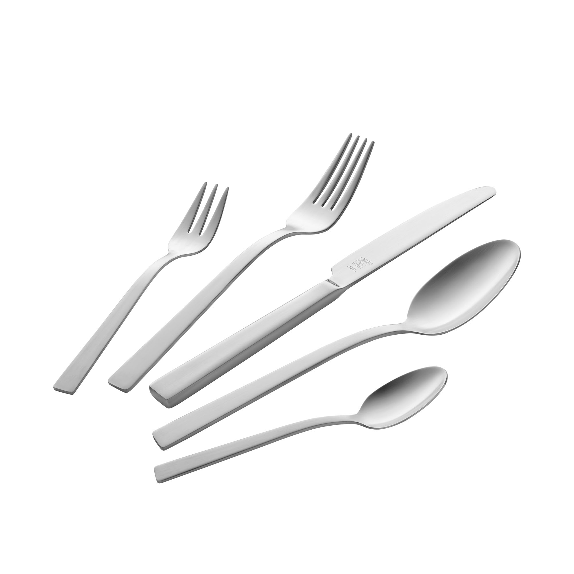 Besteckauswahl mit Messer, Gabeln und Löffeln, Serie King mattiert von ZWILLING, mattierte Oberfläche, freigestellt auf weißem Hintergrund.