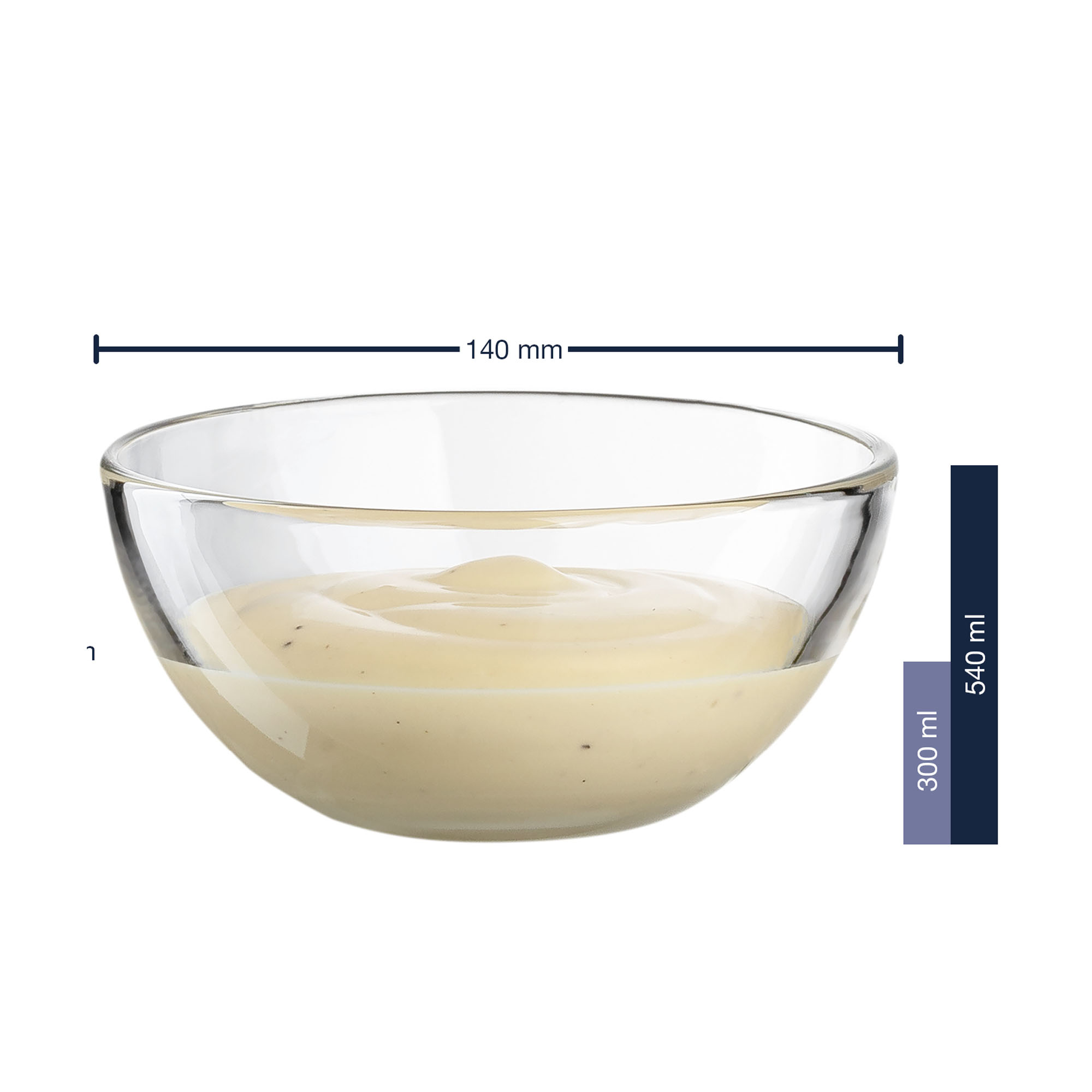 Glasschale mit eingefüllter Creme und grafischer Angabe von 140 mm Durchmesser und 540 ml Volumen