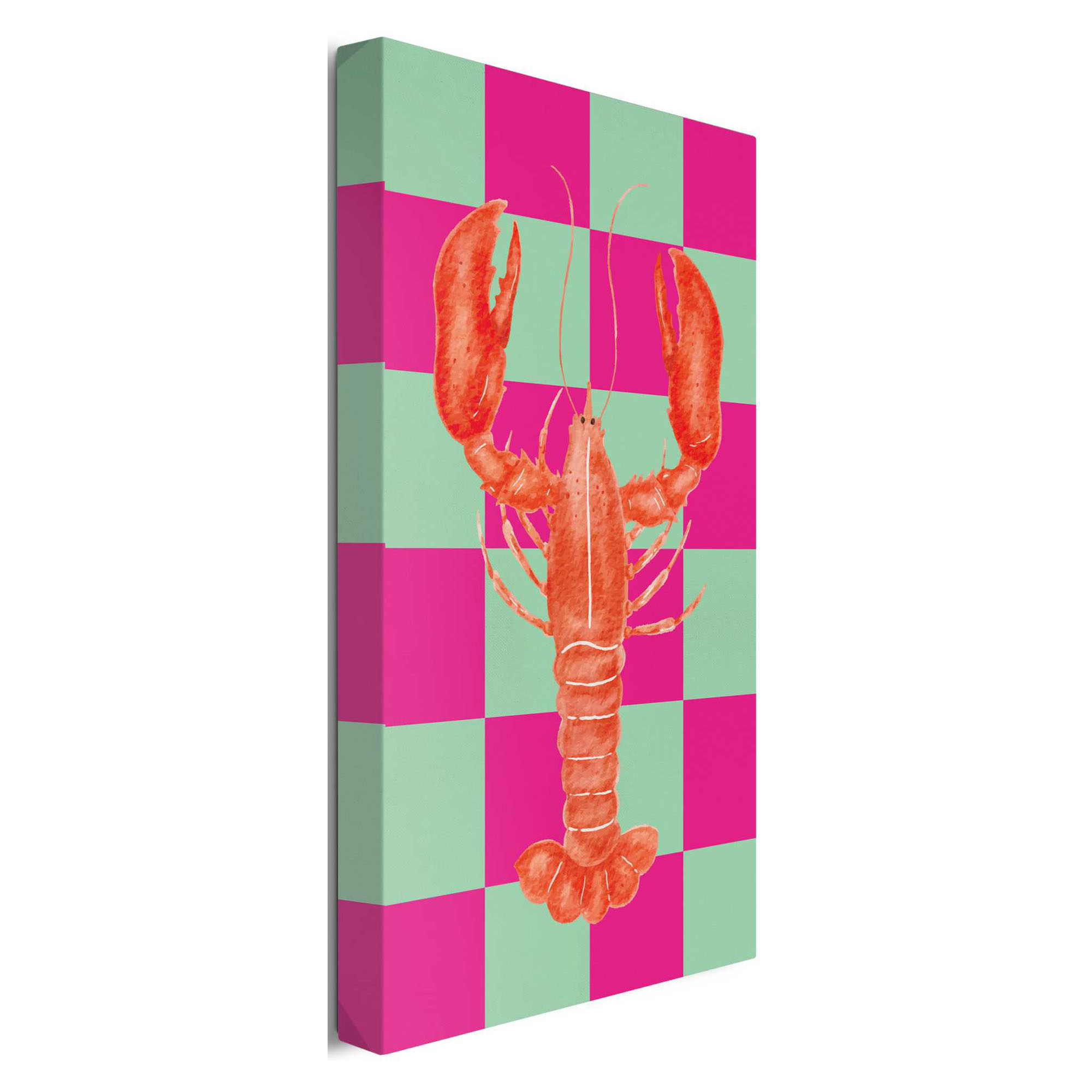 Seitliche Schrägansicht des Wandbilds „Lobster Checkers“, 20 × 30 cm; Profil, Kante und Tiefe des Bildes sind erkennbar.
