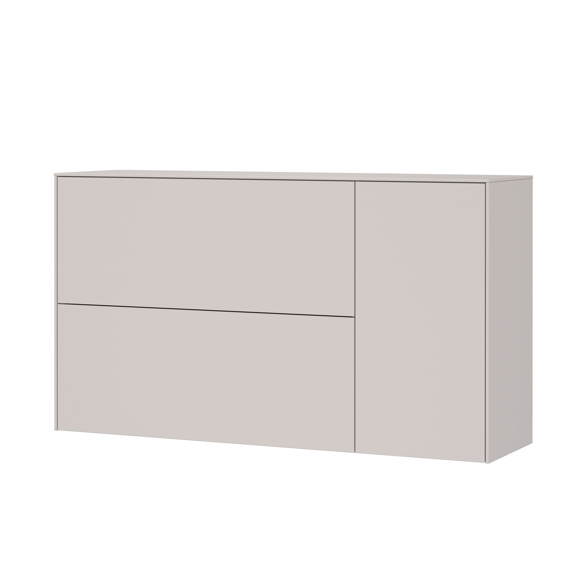 Moderner Schuhschrank in Beige, geschlossene Schrägansicht.