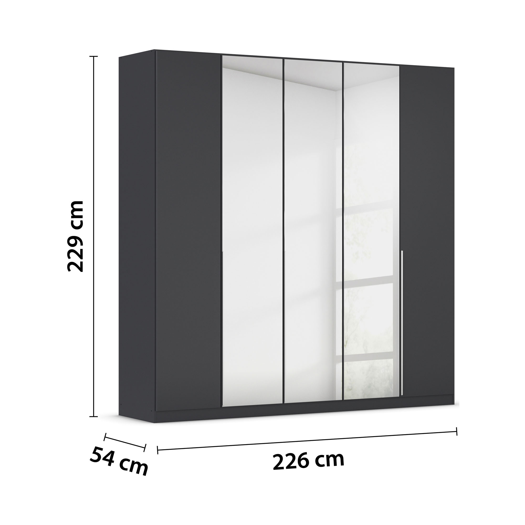 Grau-Metallicer Kleiderschrank mit Spiegeltüren und Maßangaben 226 cm Breite, 229 cm Höhe und 54 cm Tiefe