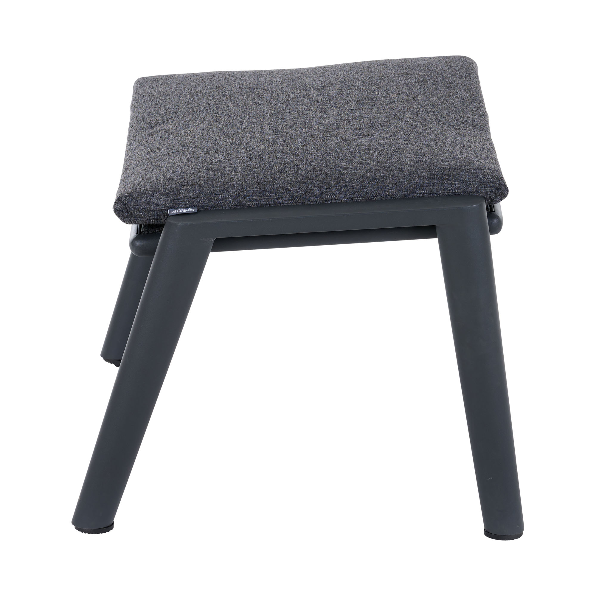 Dunkelgrauer Hocker mit Aluminiumgestell und Polsterkissen, seitlich abgebildet