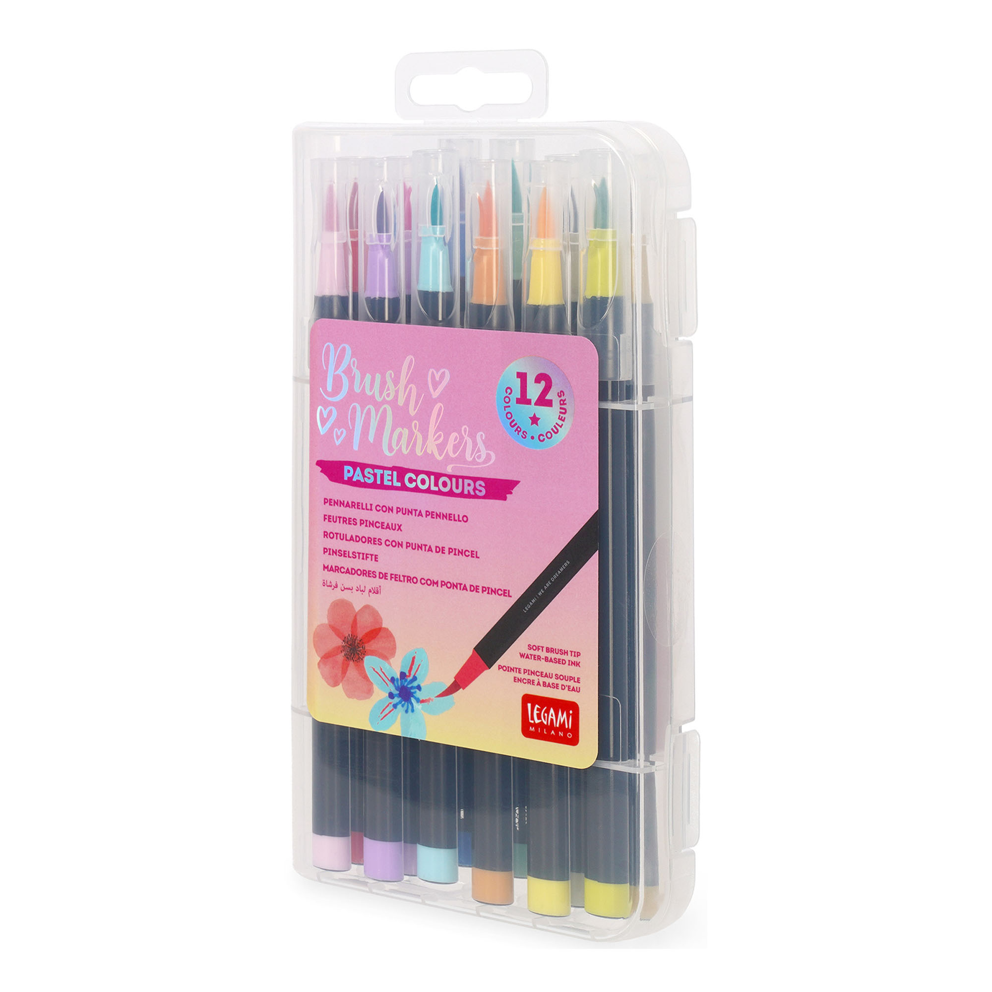 Zwölf Brushpens in Pastellfarben, in einer transparenten Kunststoffbox geschlossen dargestellt.