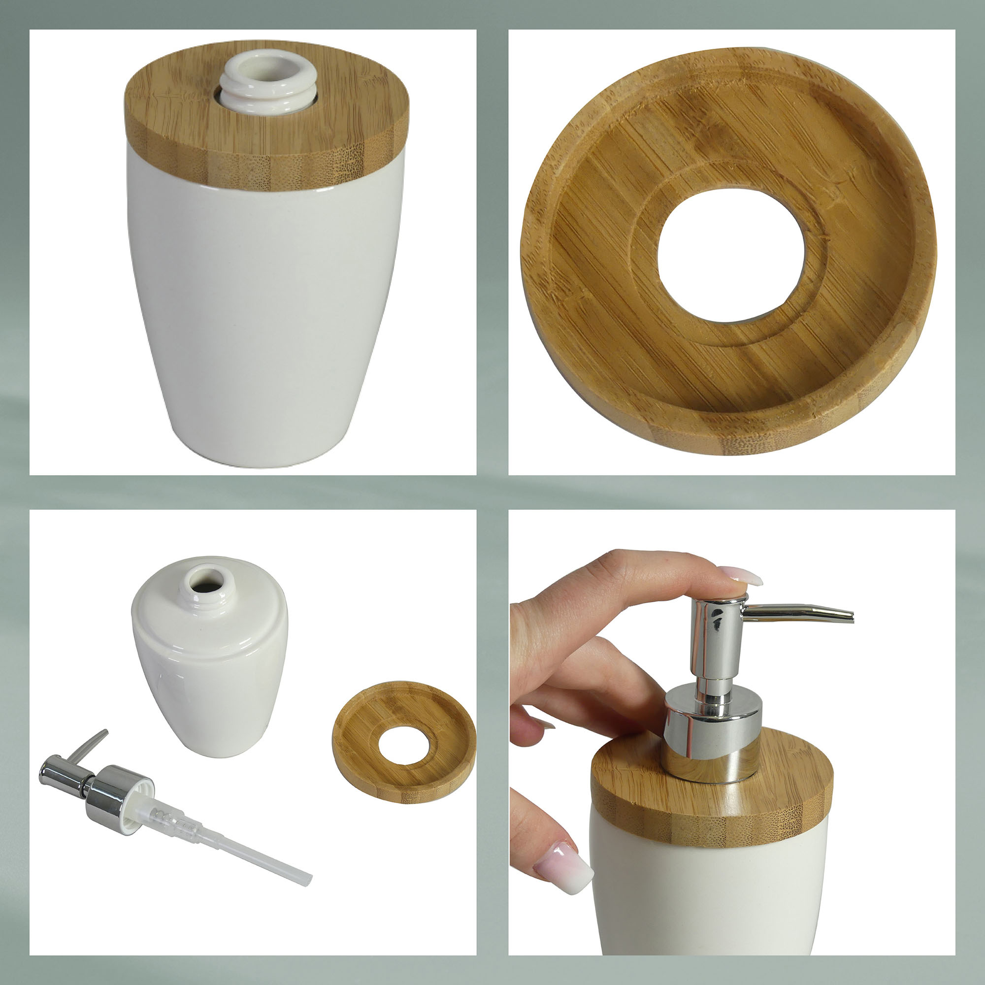 Collage mit Behälter Oberseite Holzdekor herausgenommener Pumpe und Bedienung des silberfarbenen Pumpkopfs
