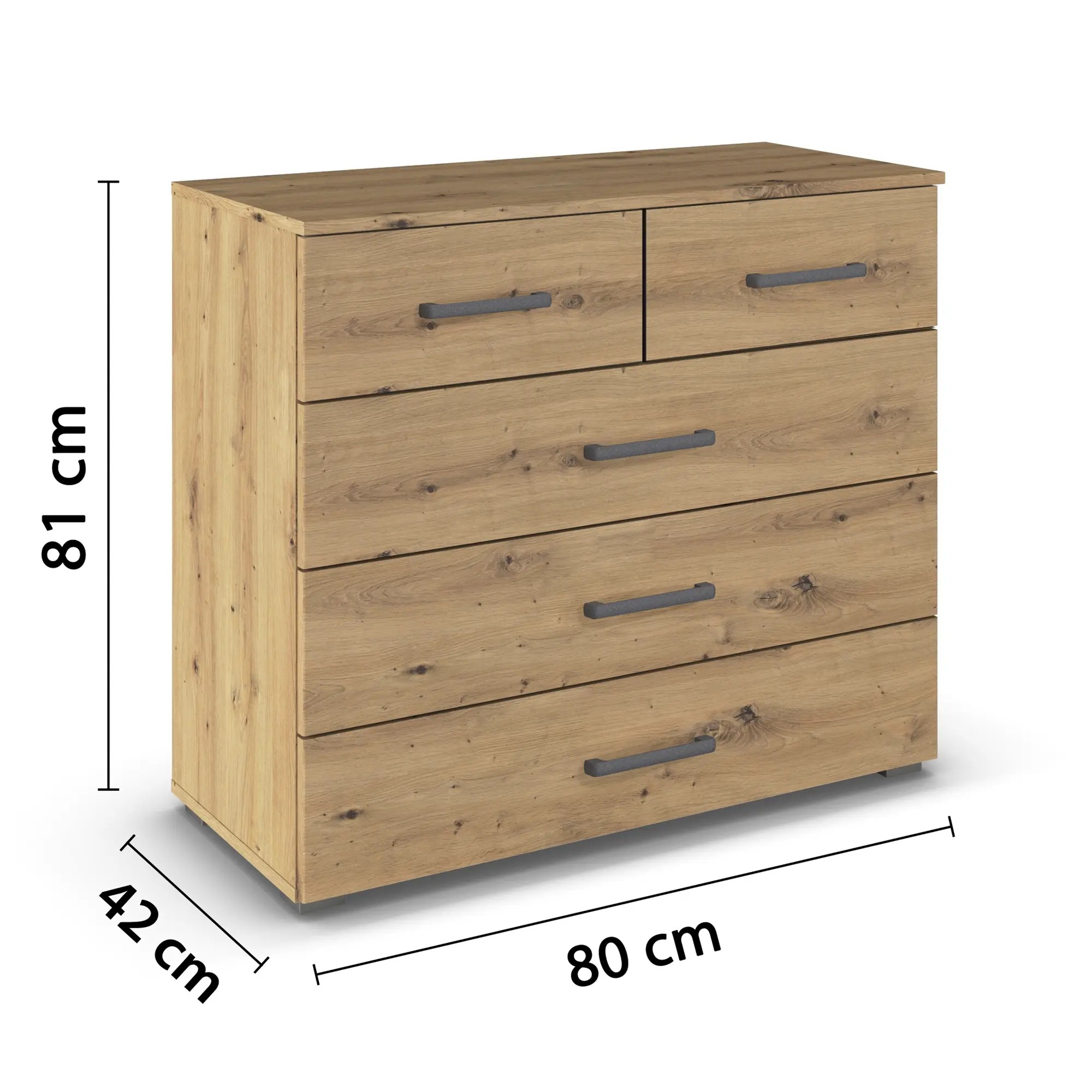 Kommode in Holzoptik mit Maßangaben Breite 80 cm, Höhe 81 cm und Tiefe 42 cm mit fünf Schubladen