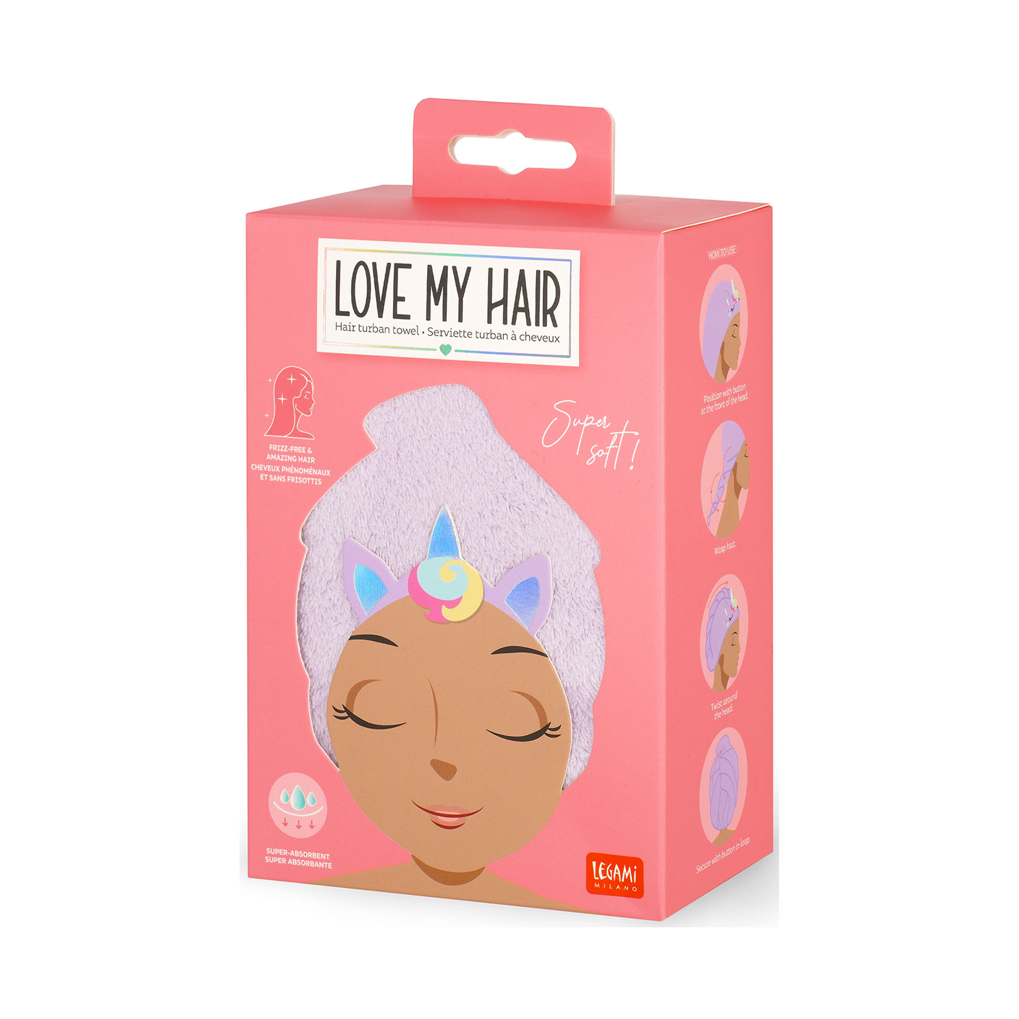 Lilafarbenes Haarturban-Handtuch im Einhorn-Design, in einer pinkfarbenen Kartonverpackung abgebildet.