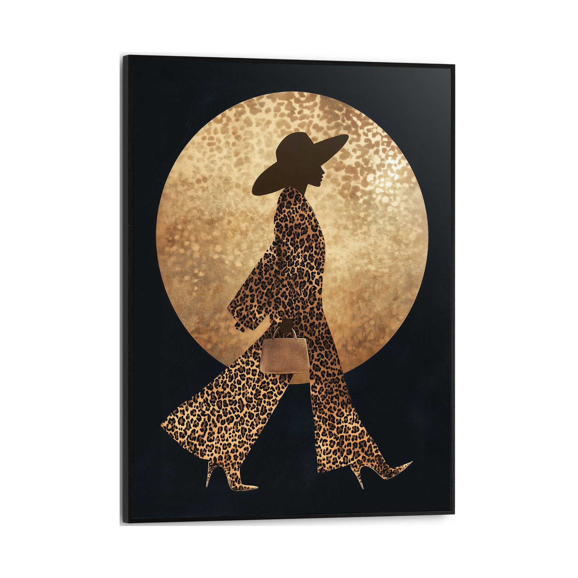 Frontansicht des Wandbilds „Walking Lady“ in Gold, Größe 30 × 40 cm; das vollständige Motiv ist zu sehen.