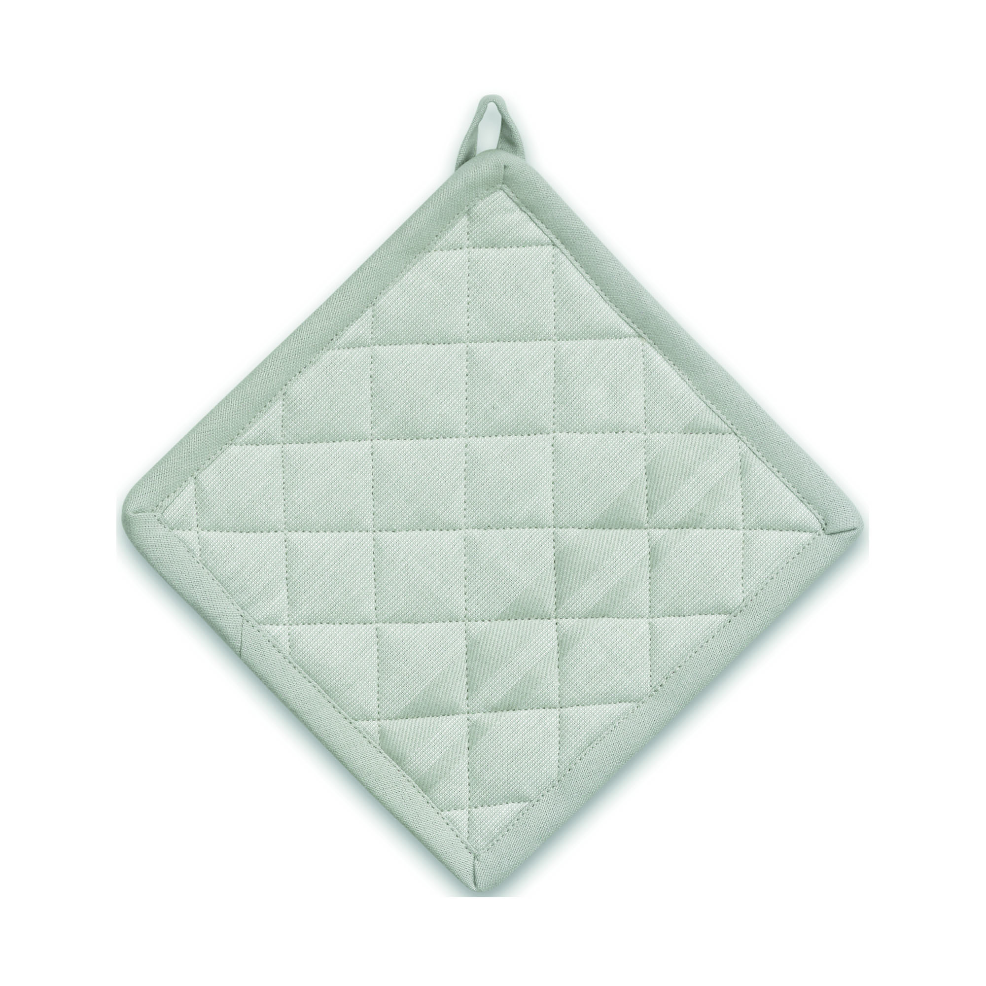 Quadratischer grüner Topflappen mit gesteppter Karostruktur und Aufhängeschlaufe