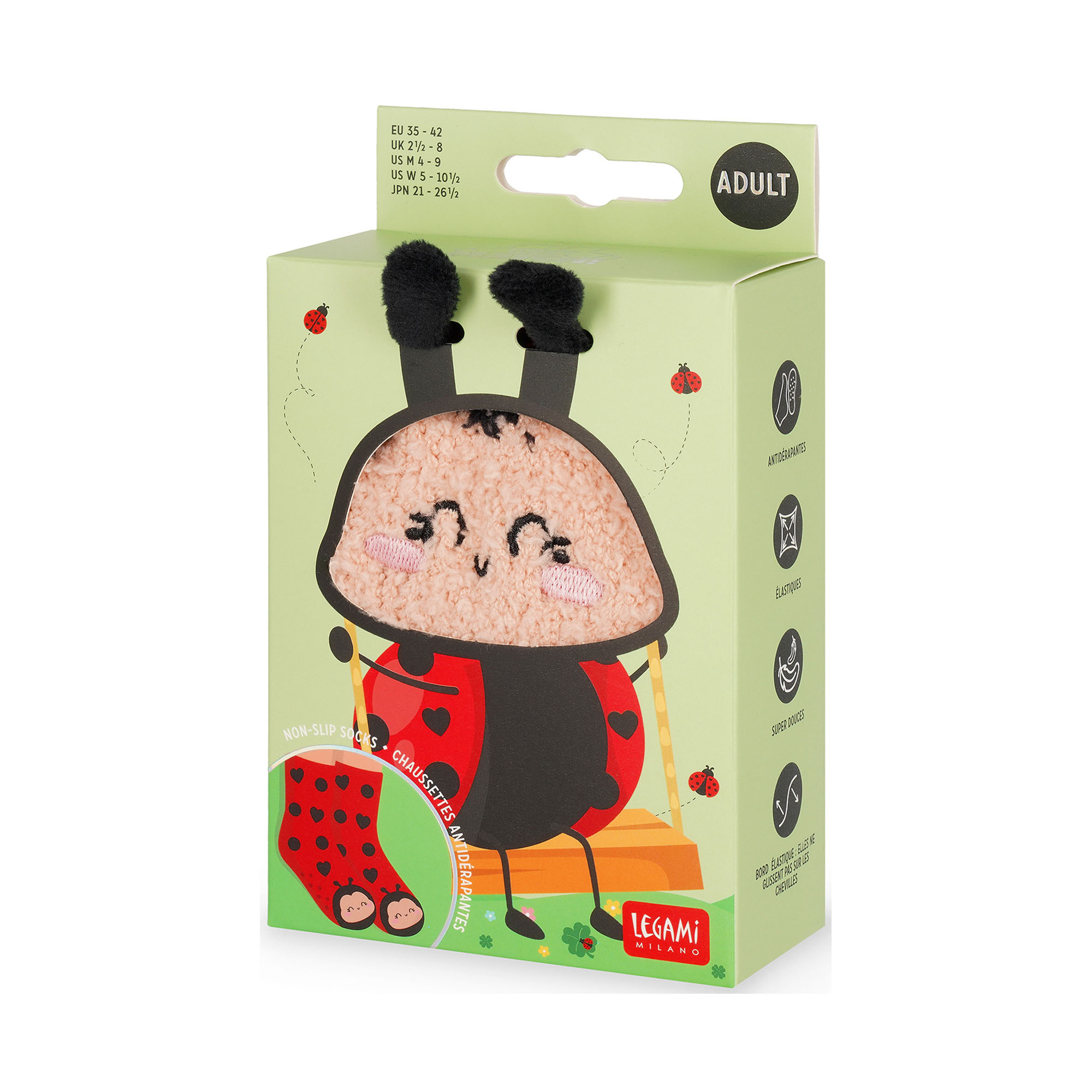 Rutschfeste Socken für Erwachsene – Marienkäfer von Legami: Socken in der bedruckten Originalverpackung mit Tiermotiv.