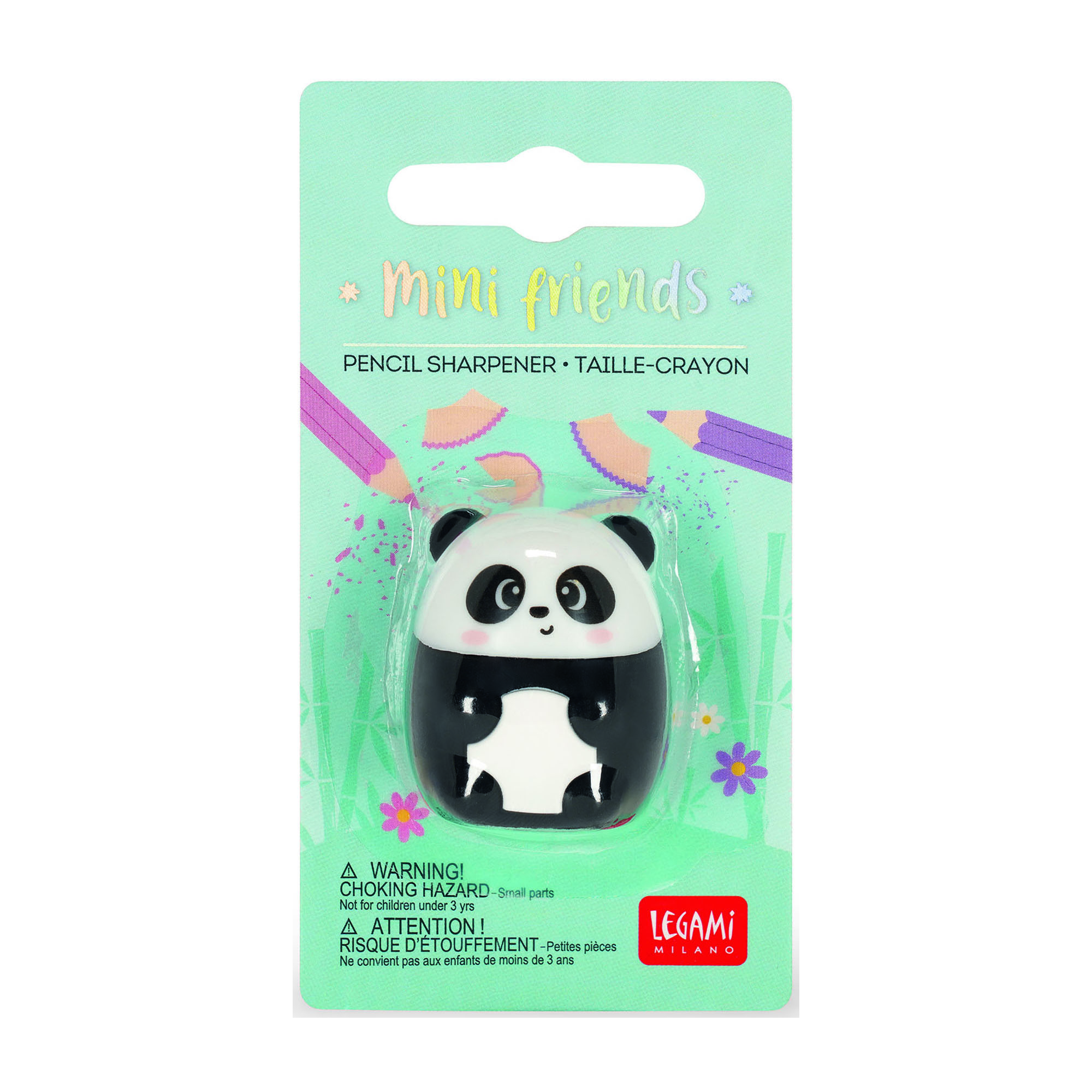 Schwarz-weißer Anspitzer im Panda-Design, in einer grünen Blisterverpackung abgebildet.
