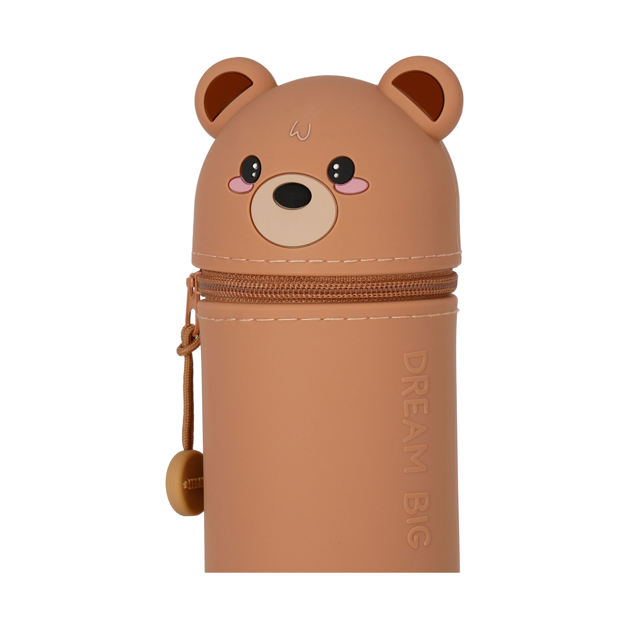 Braunes 2-in-1-Silikon-Federmäppchen im Teddybär-Design, geschlossen in Nahansicht mit Teddybärkopf und Reißverschluss gezeigt.
