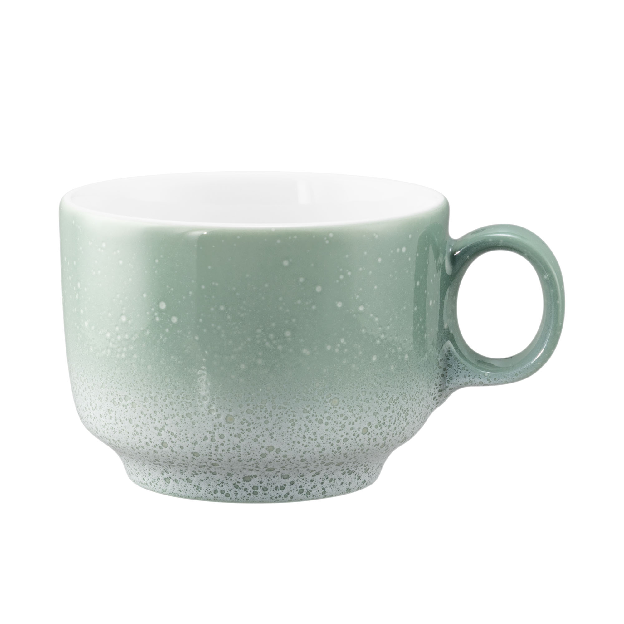 Tasse in Mint; niedrige Form mit gesprenkeltem Farbverlauf und Henkel. Ansicht: Seitenansicht.