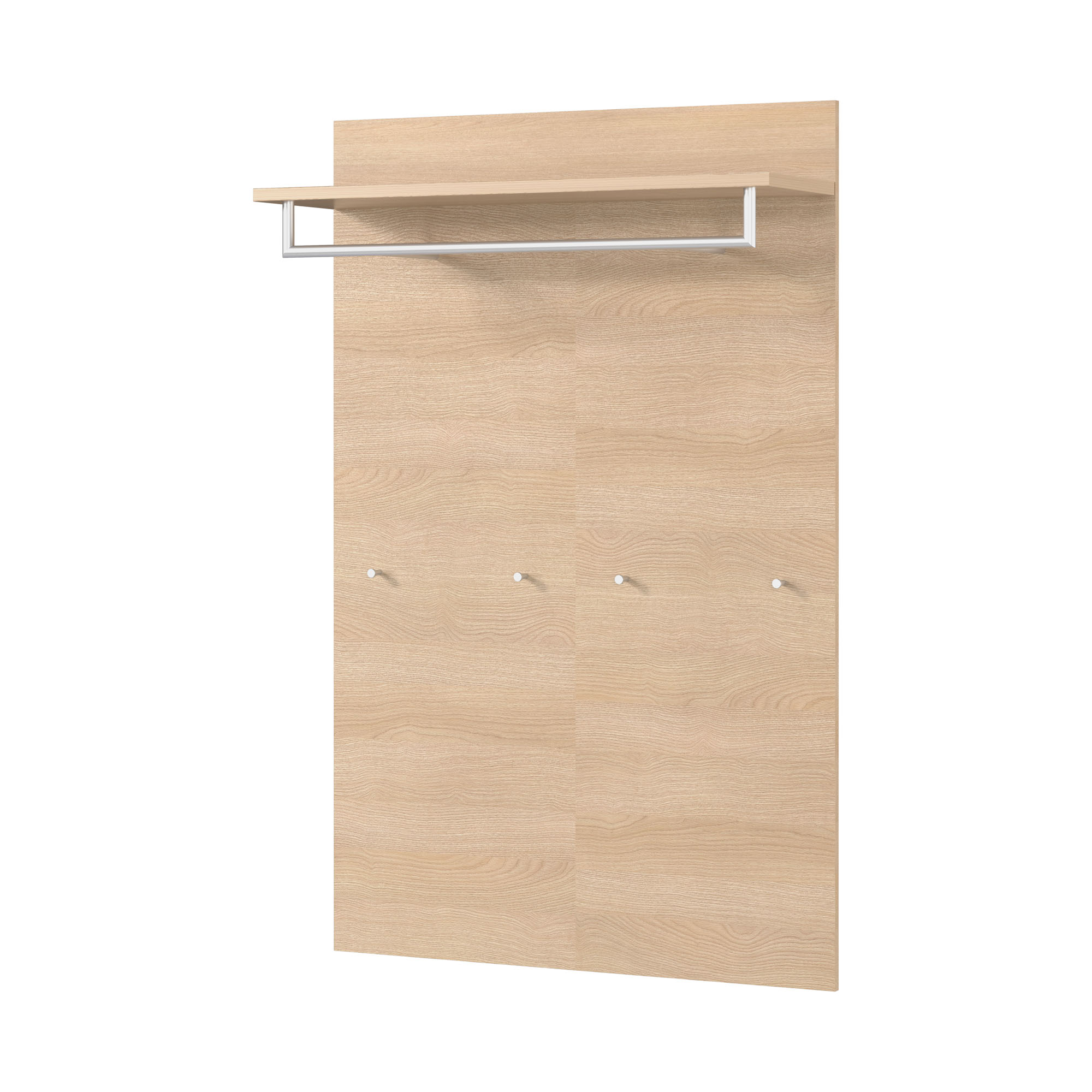 Wandmontiertes Garderobenpaneel in Holzoptik mit Ablagebrett, Kleiderstange und vier Haken