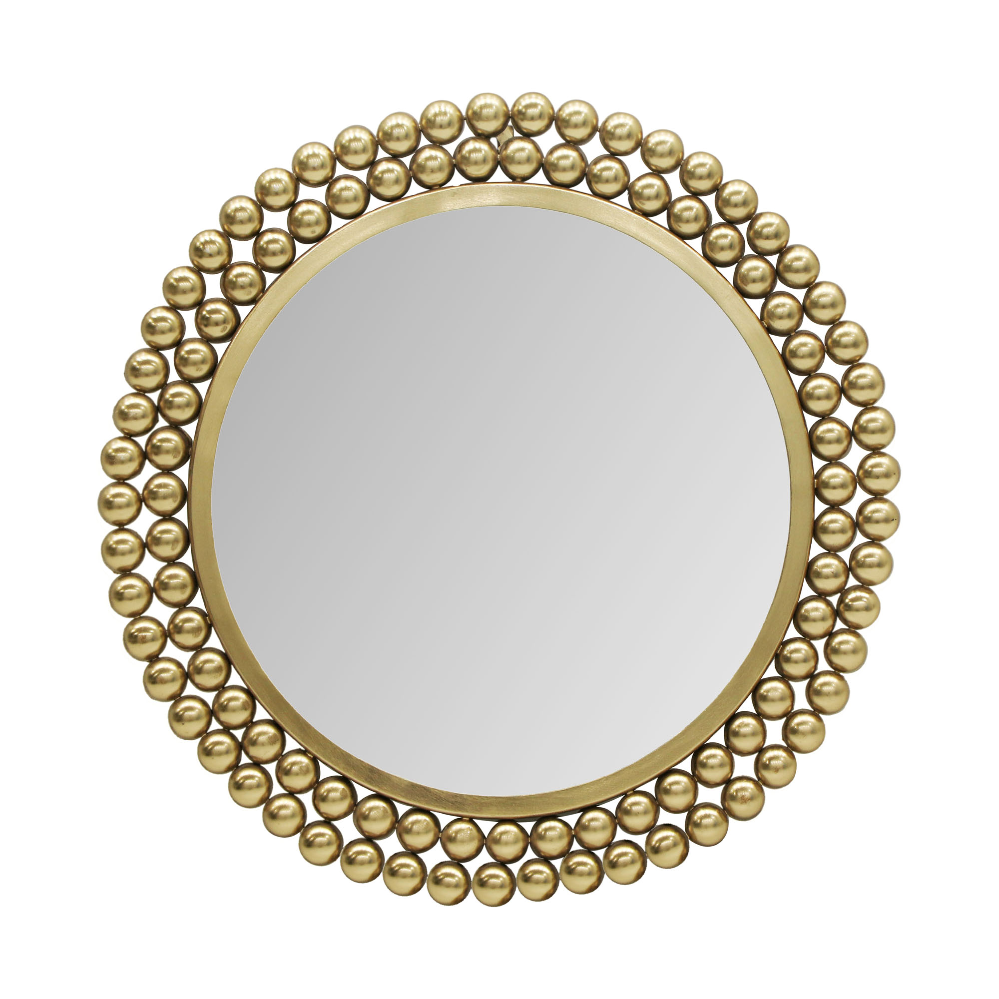 Spiegel Amila in Gold, freigestellt in frontaler Gesamtansicht; zu sehen ist die runde Spiegelfläche mit umlaufendem Rahmen aus kleinen kugelförmigen Elementen; Maße ca. 46 x 46 x 2,5 cm.