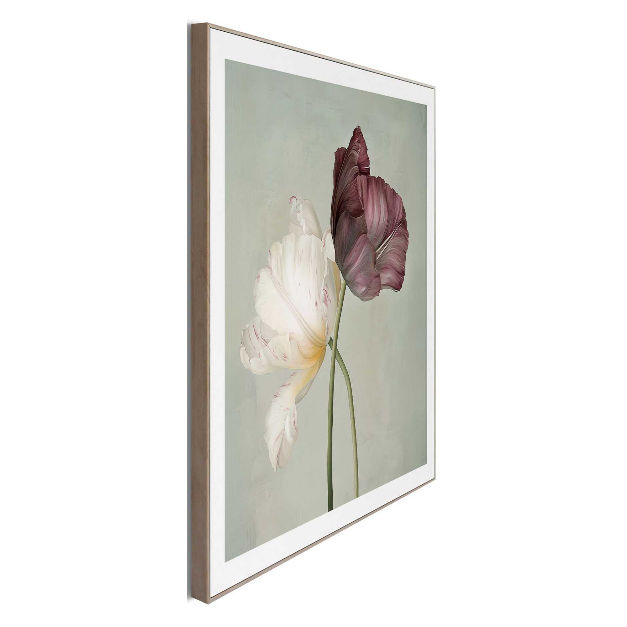 Seitliche Schrägansicht des Wandbilds „Tulip Elegance“, 50 × 50 cm; Profil, Kante und Tiefe des Bildes sind erkennbar.