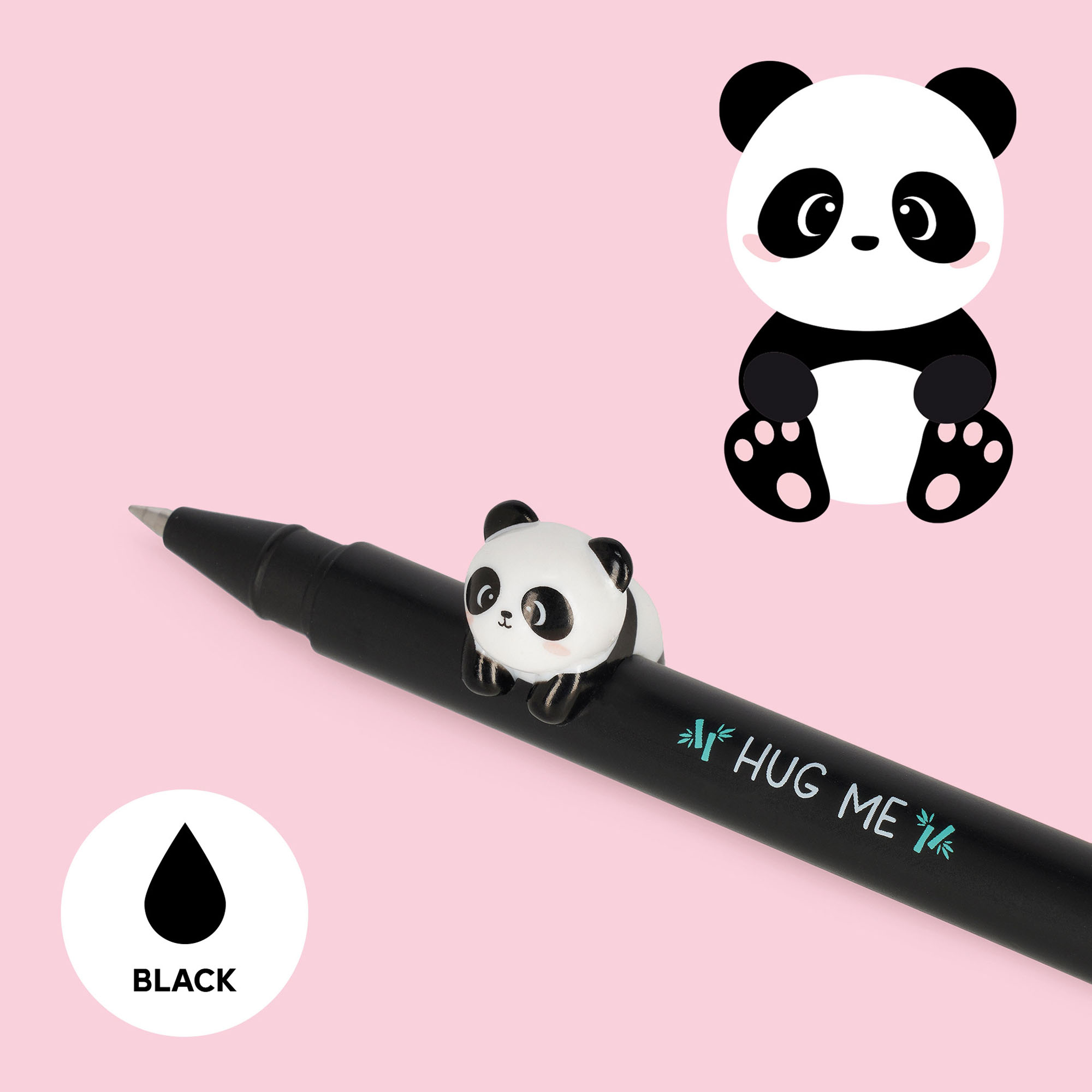 Schwarzer Gelstift mit Panda-Aufsatz, in Nahaufnahme mit Schreibspitze und Tieraufsatz gezeigt.