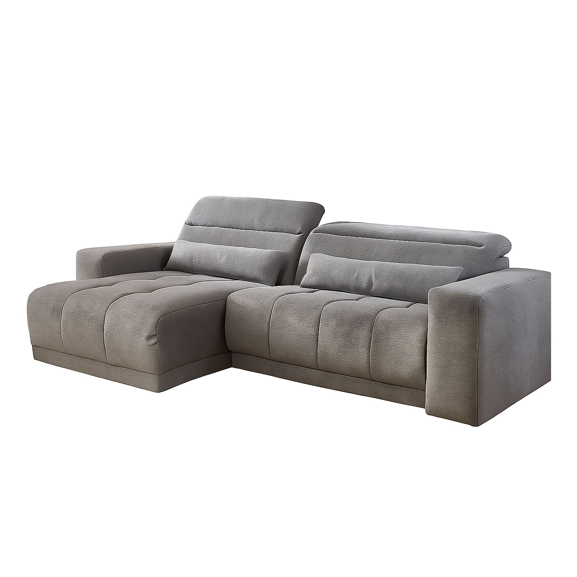 Graues Ecksofa mit breiten Armlehnen, weicher Polsterung und verstellbaren Kopfstützen