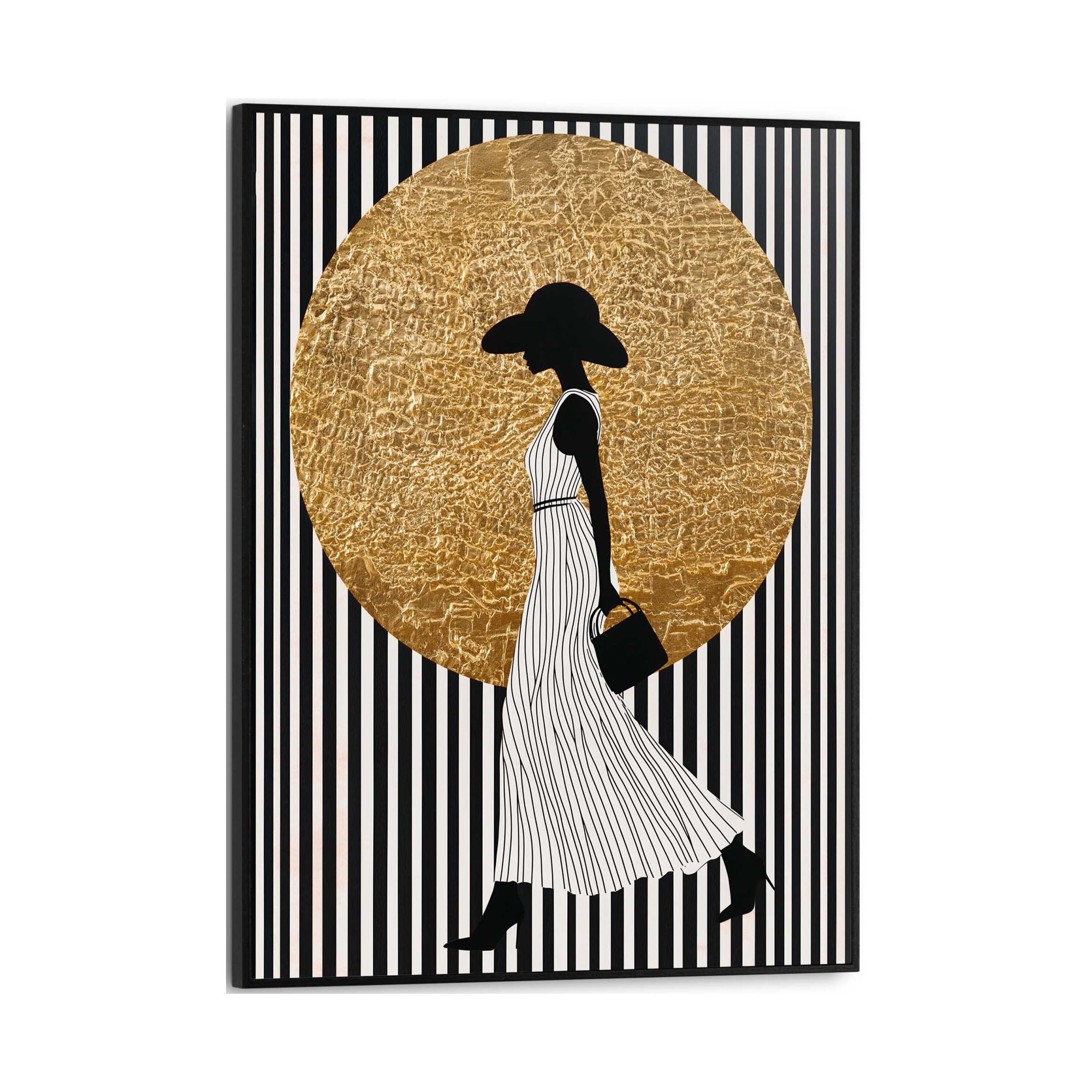 Frontansicht des Wandbilds „Walking Lady Stripes“ in Schwarz-Weiß, Größe 30 × 40 cm; das vollständige Motiv ist zu sehen.