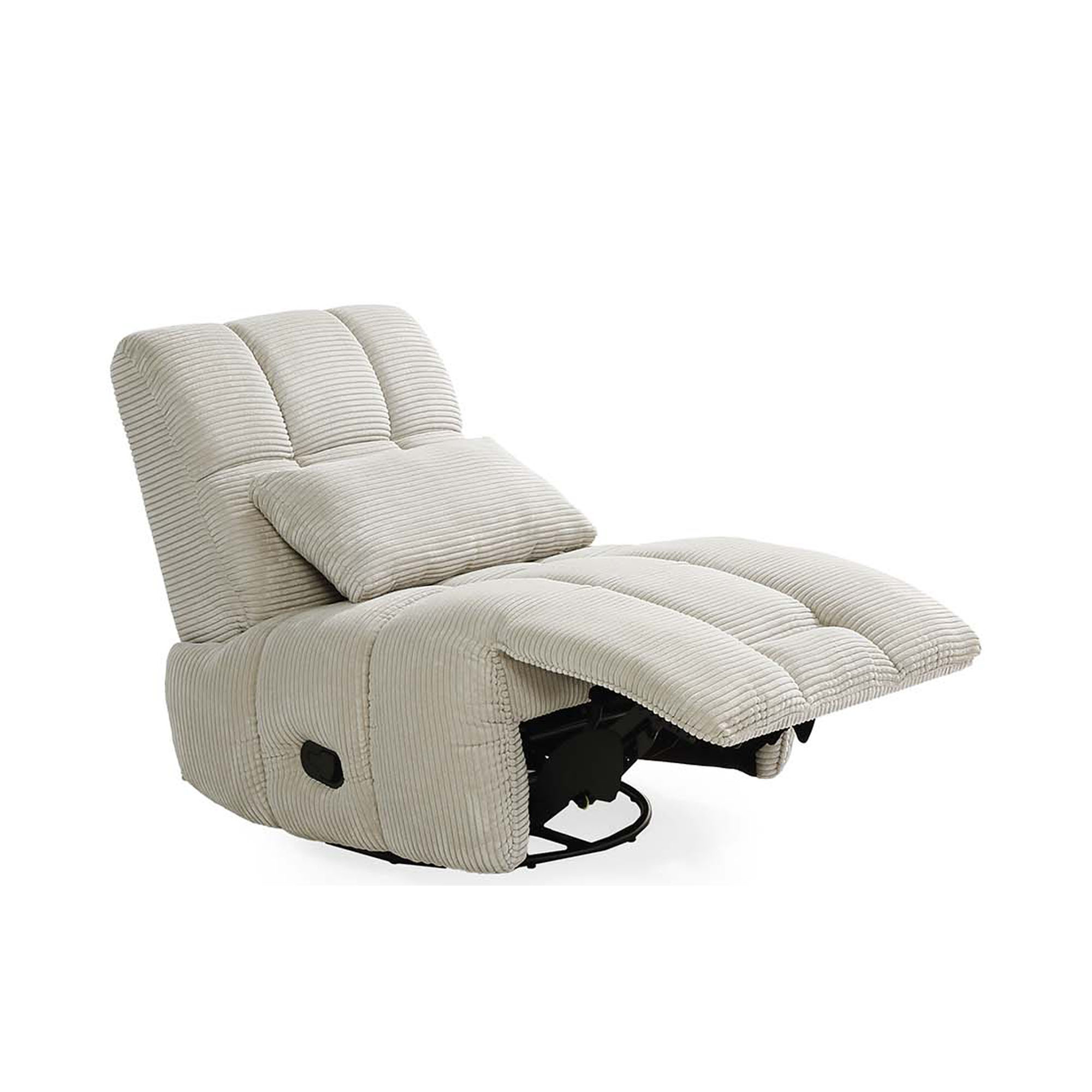 Komfortabler Relaxsessel mit verstellbarer Rückenlehne und ausklappbarer Fußstütze, bezogen mit beigem Cordstoff.