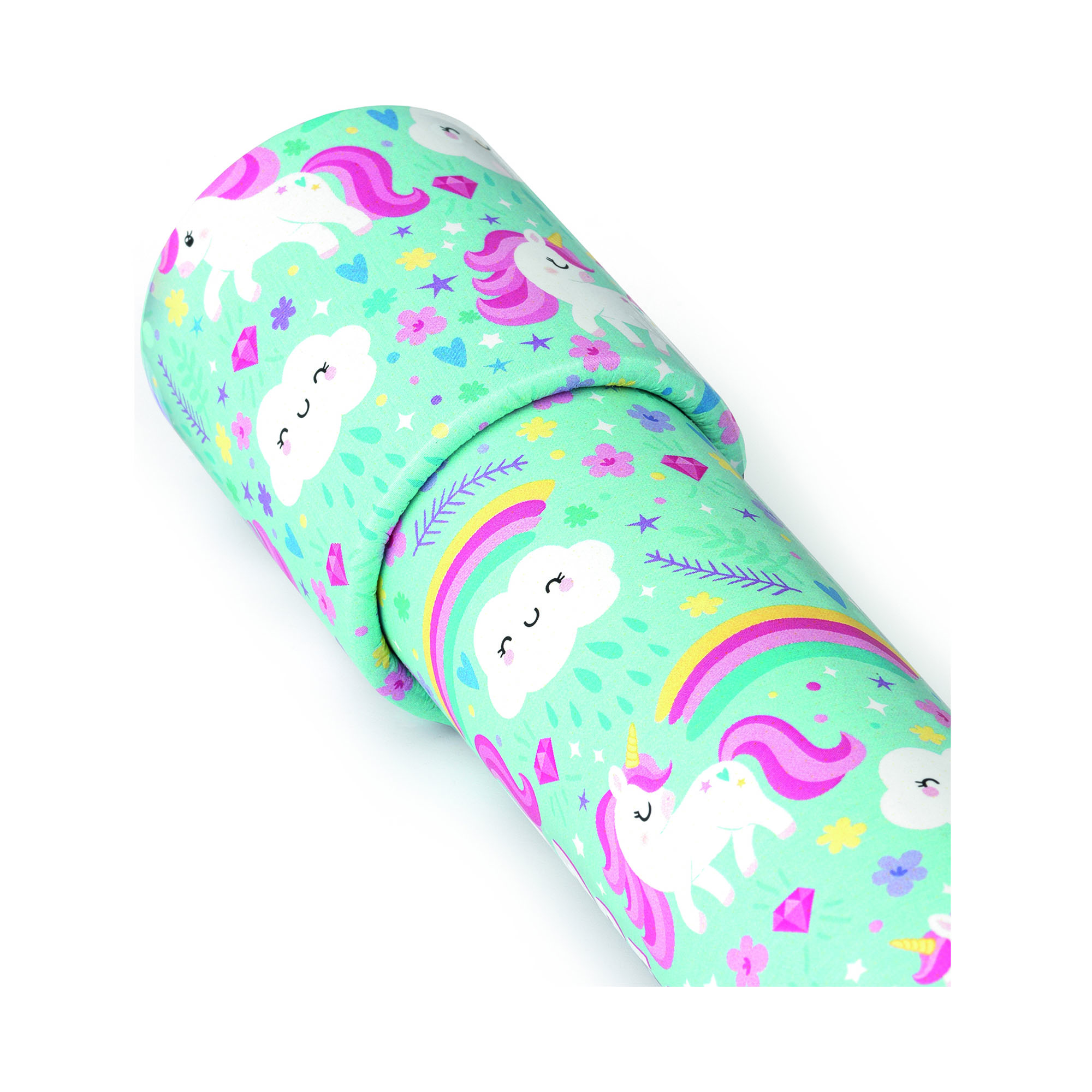 Mintfarbenes Kaleidoskop im Einhorn-Design, in Nahaufnahme mit dem bedruckten Röhrengehäuse gezeigt.