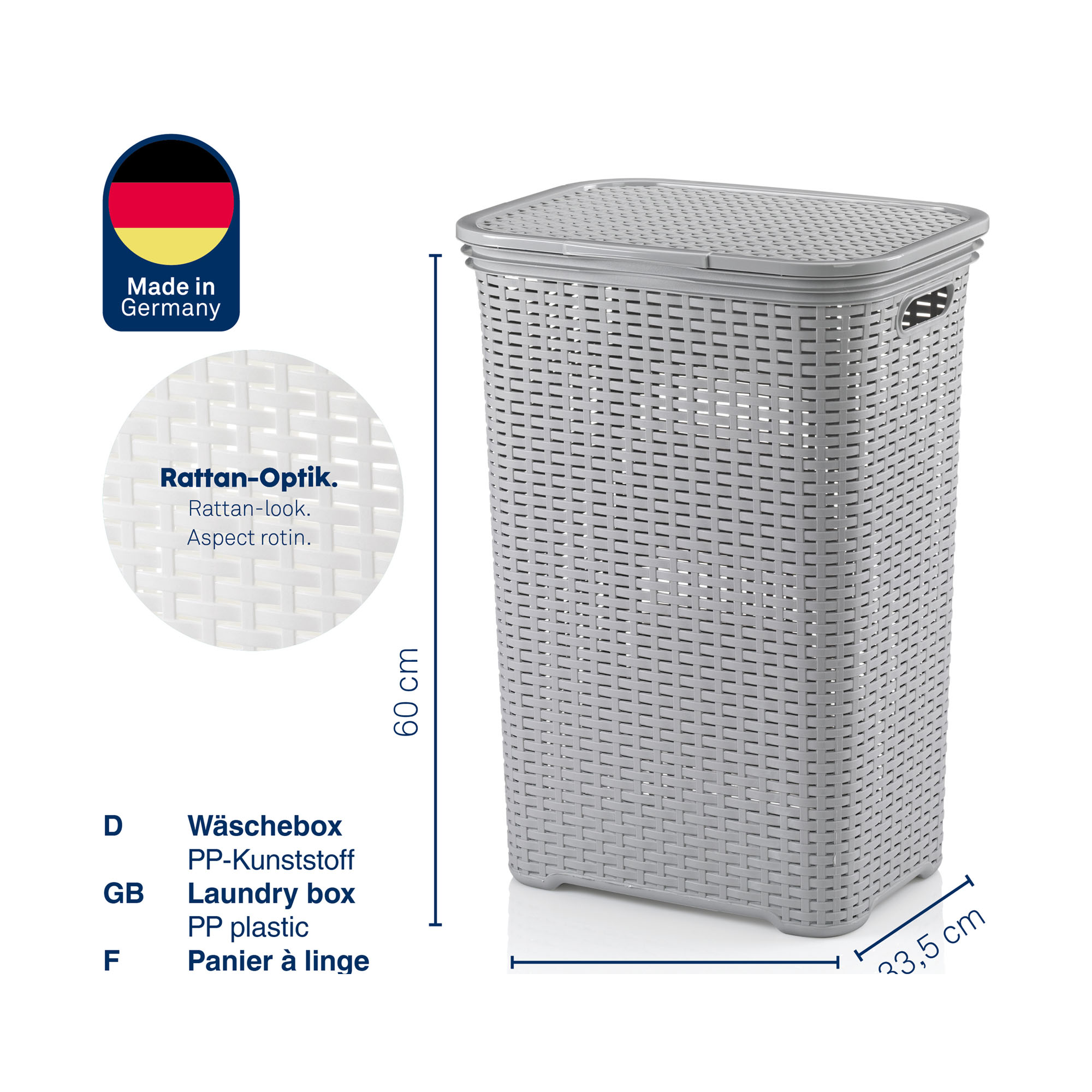 Produktdarstellung der weißen Wäschebox mit Deckel sowie ergänzenden Angaben zu Maßen, Material und Eigenschaften
