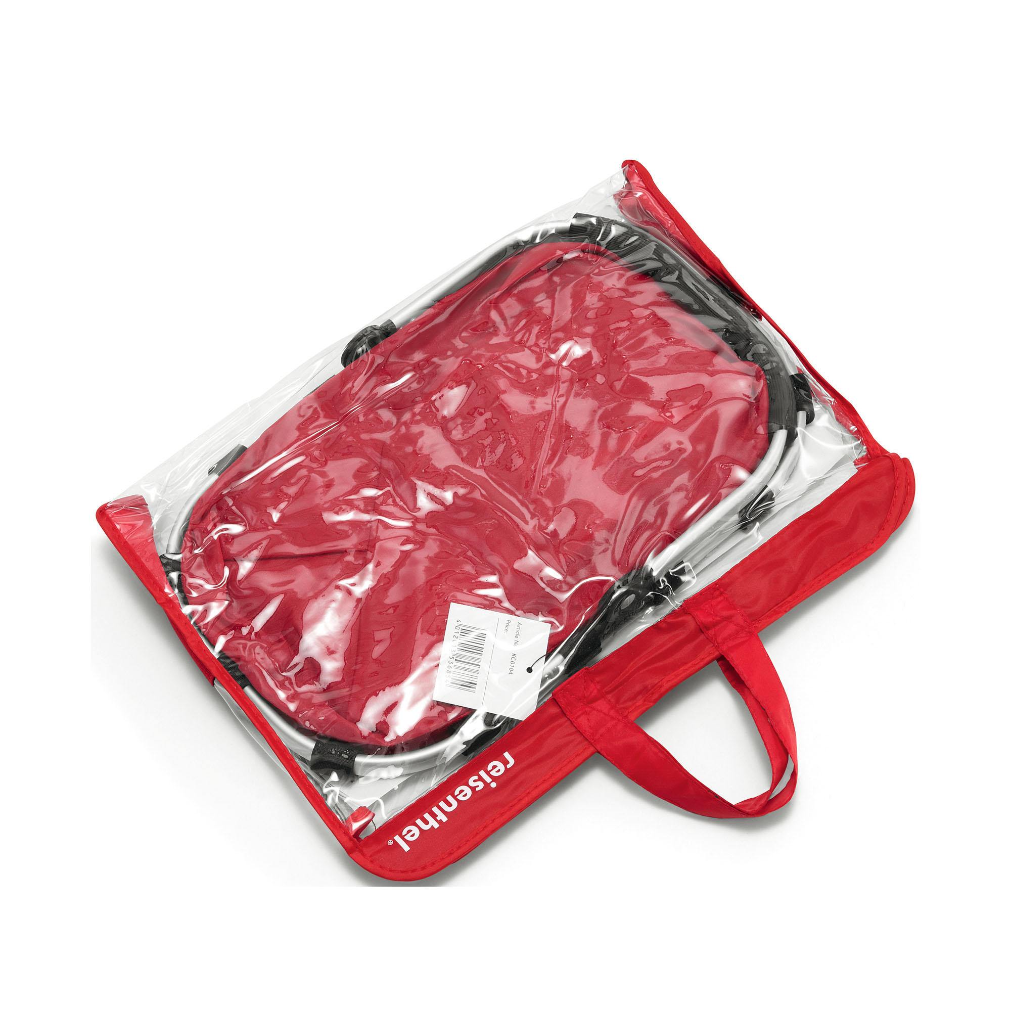 Einkaufskorb von Reisenthel, Modell Carrybag, in Rot, zusammengelegt in einer transparenten Tragetasche mit rotem Rand und Henkeln.