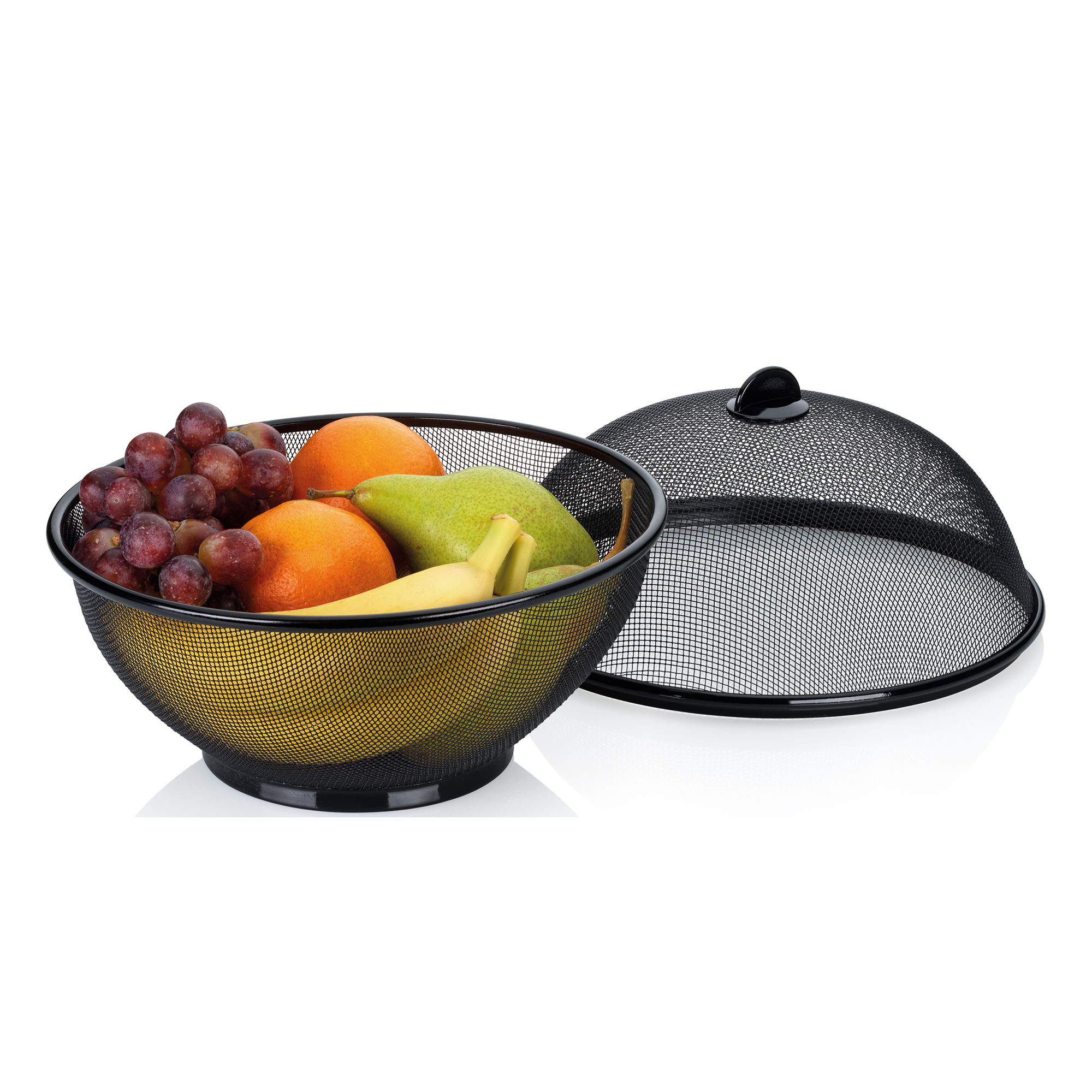 Schwarzer Metallkorb mit Bananen Äpfeln Orangen und Trauben neben dem abgenommenen gewölbten Deckel