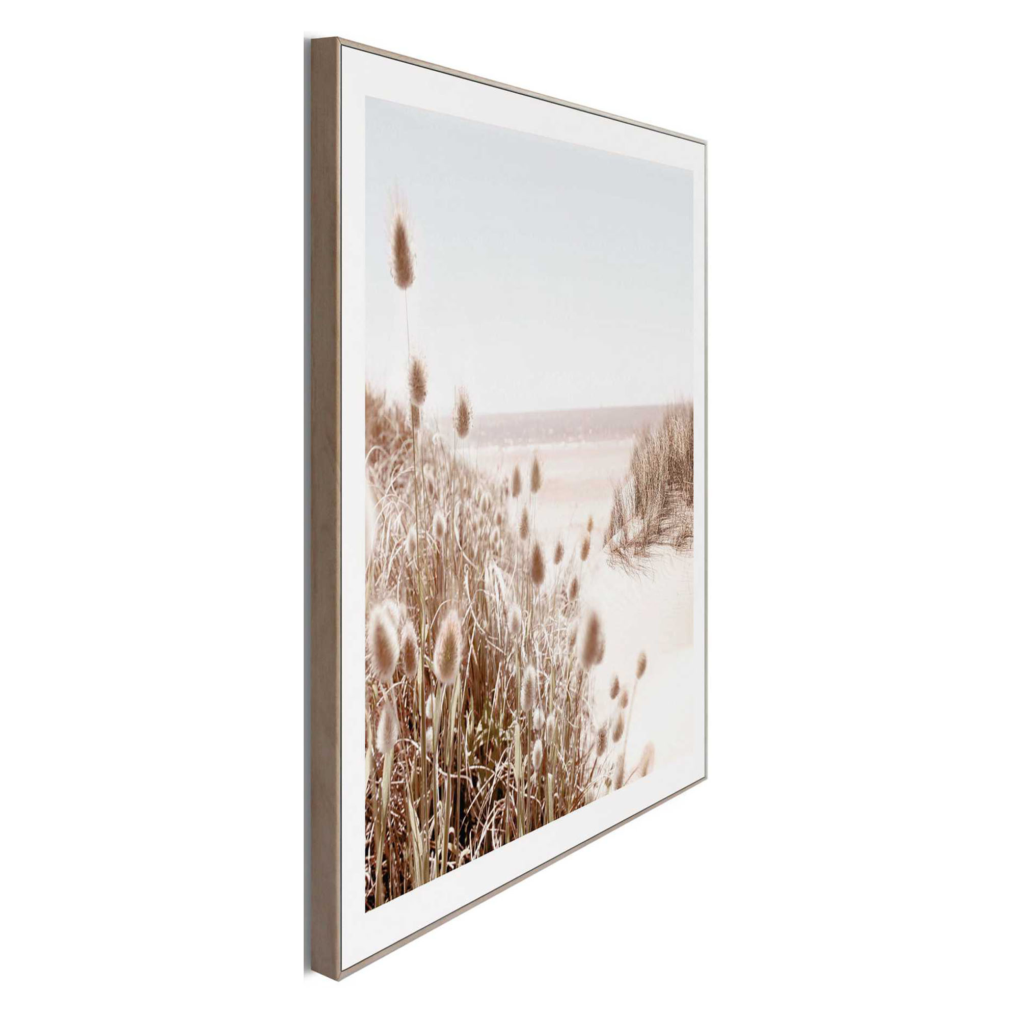 Seitliche Schrägansicht des Wandbilds „Dune Beach“, 50 × 50 cm; Profil, Kante und Tiefe des Bildes sind erkennbar.