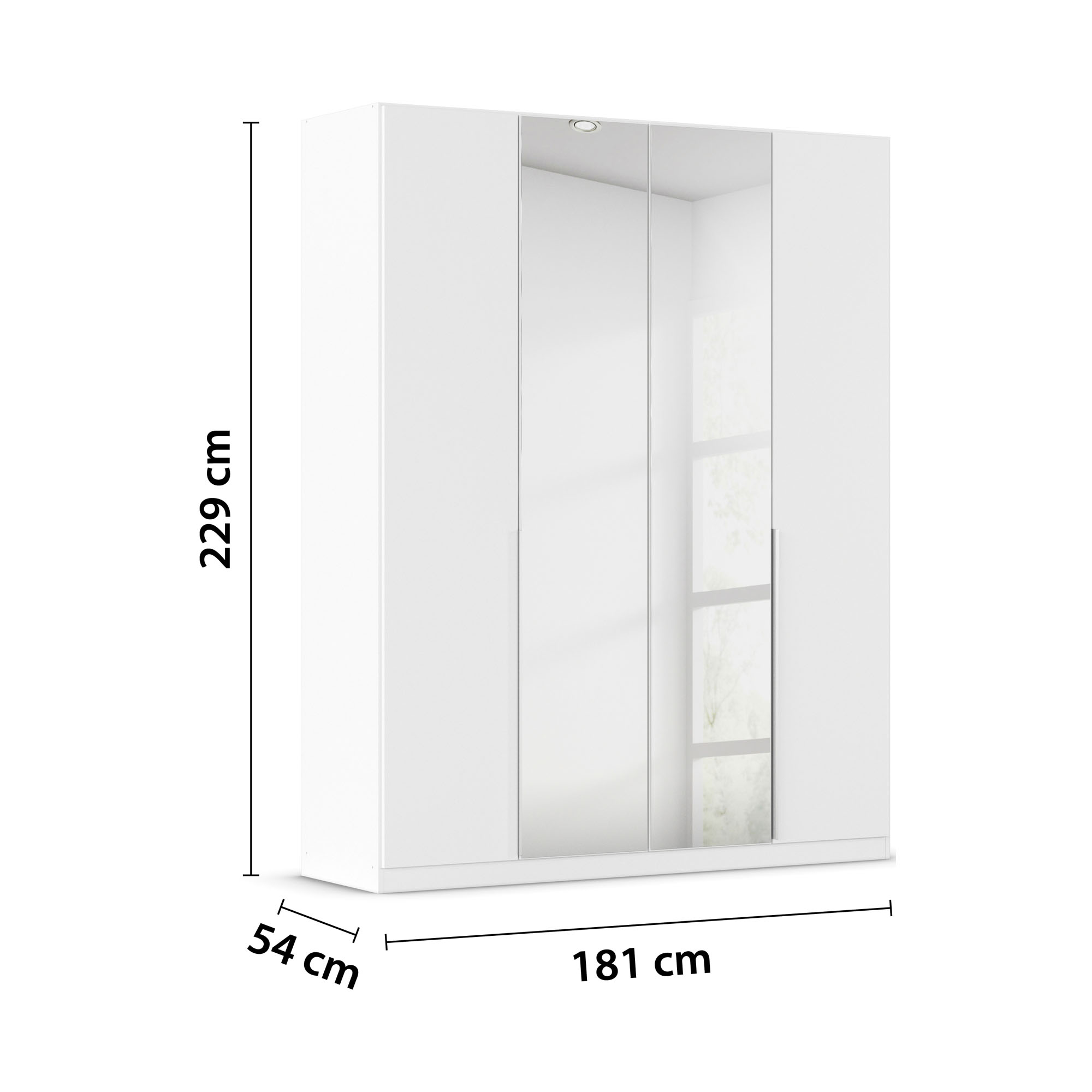 Weißer Kleiderschrank mit Spiegeltüren und eingezeichneten Maßen 181 cm Breite, 229 cm Höhe und 54 cm Tiefe