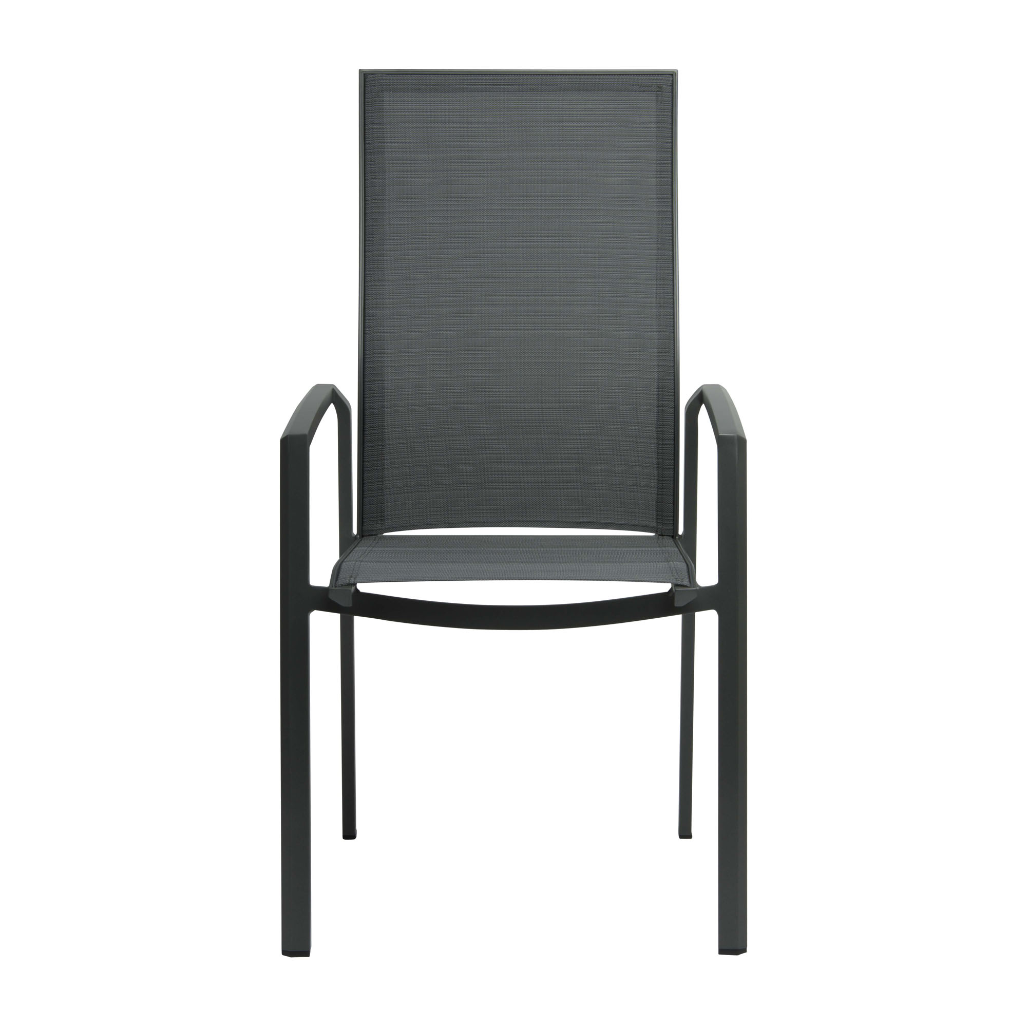 Ein dunkelgrauer Stuhl mit Armlehnen und hoher Rückenlehne steht frontal vor weißem Hintergrund. Die Sitzfläche und Rückenlehne bestehen aus einem dunklen, fein strukturierten Material.