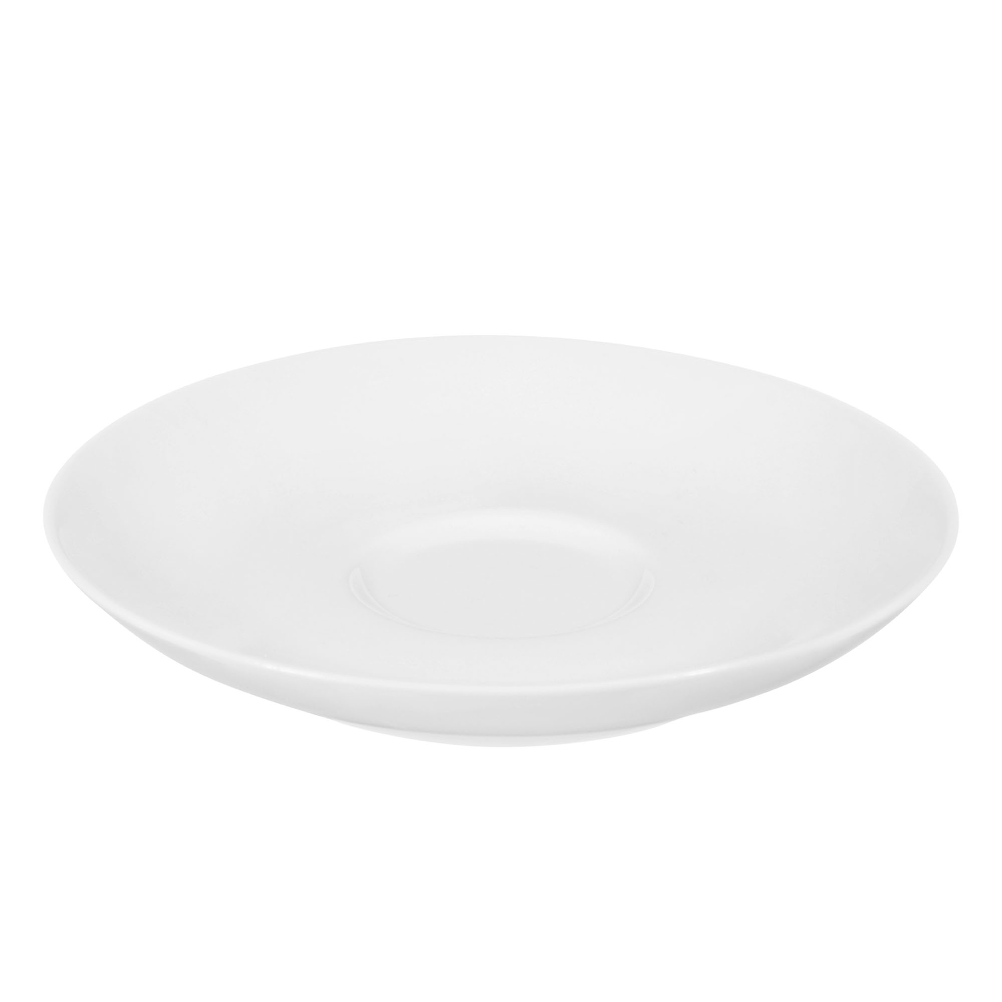 Untertasse in Weiß; schräge Ansicht von vorn. Sichtbare Gestaltung: rund und flach mit mittiger Tassenmulde.