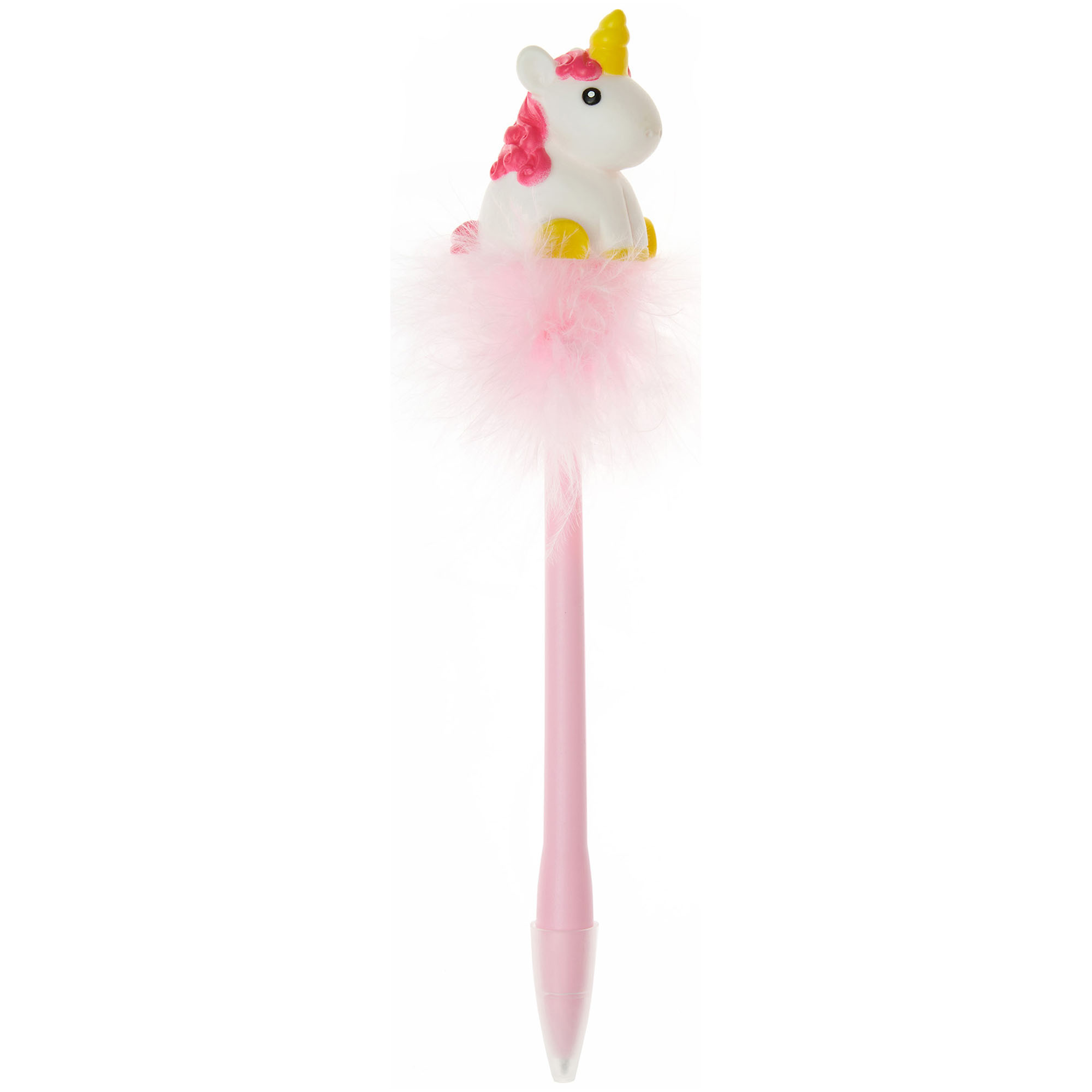 Rosa leuchtender Gelstift mit Einhornfigur, senkrecht mit Tierfigur und weichem Federbesatz dargestellt.