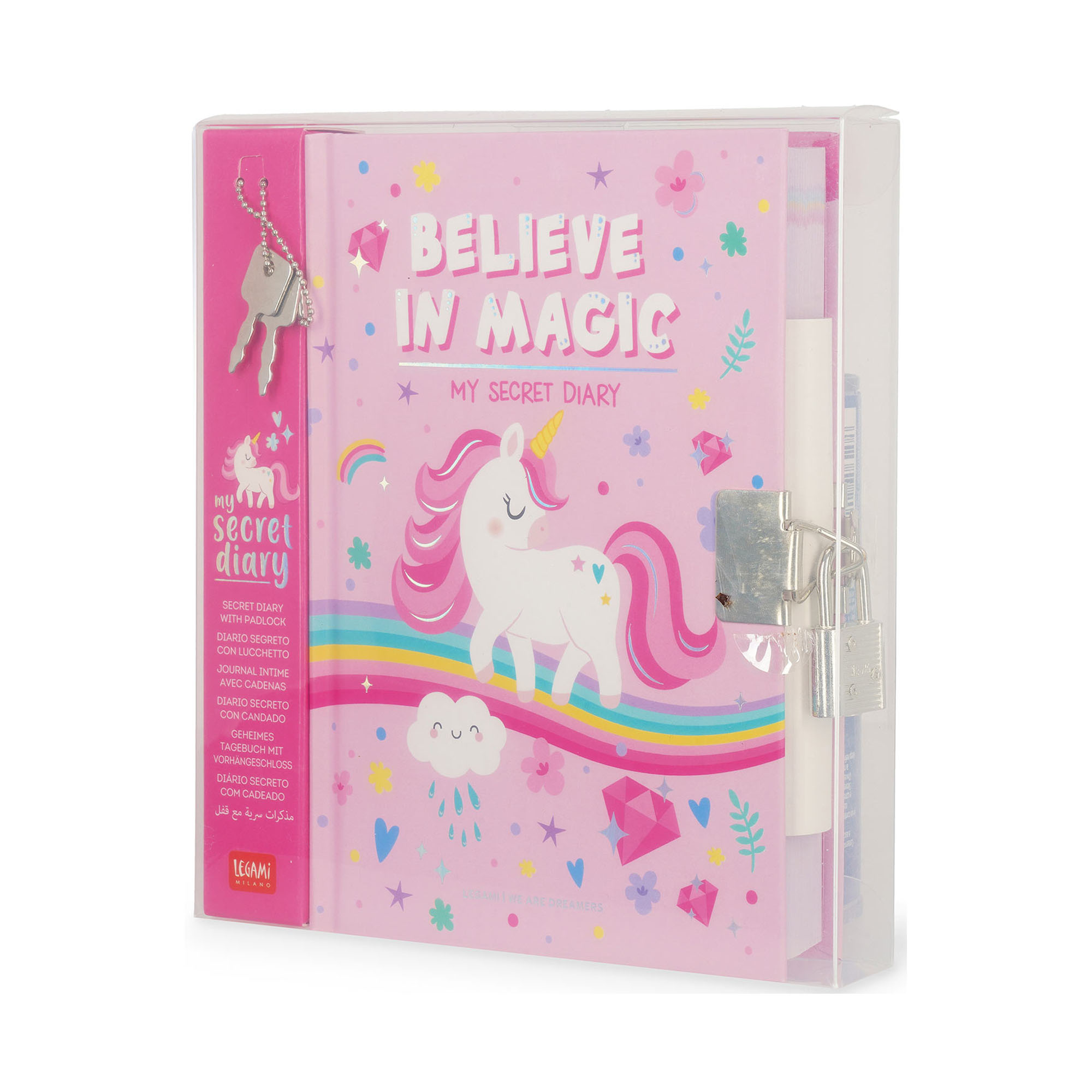 Rosa Tagebuch mit Einhornmotiv und Schloss, in einer transparenten Schutzhülle oder Verkaufsverpackung abgebildet.