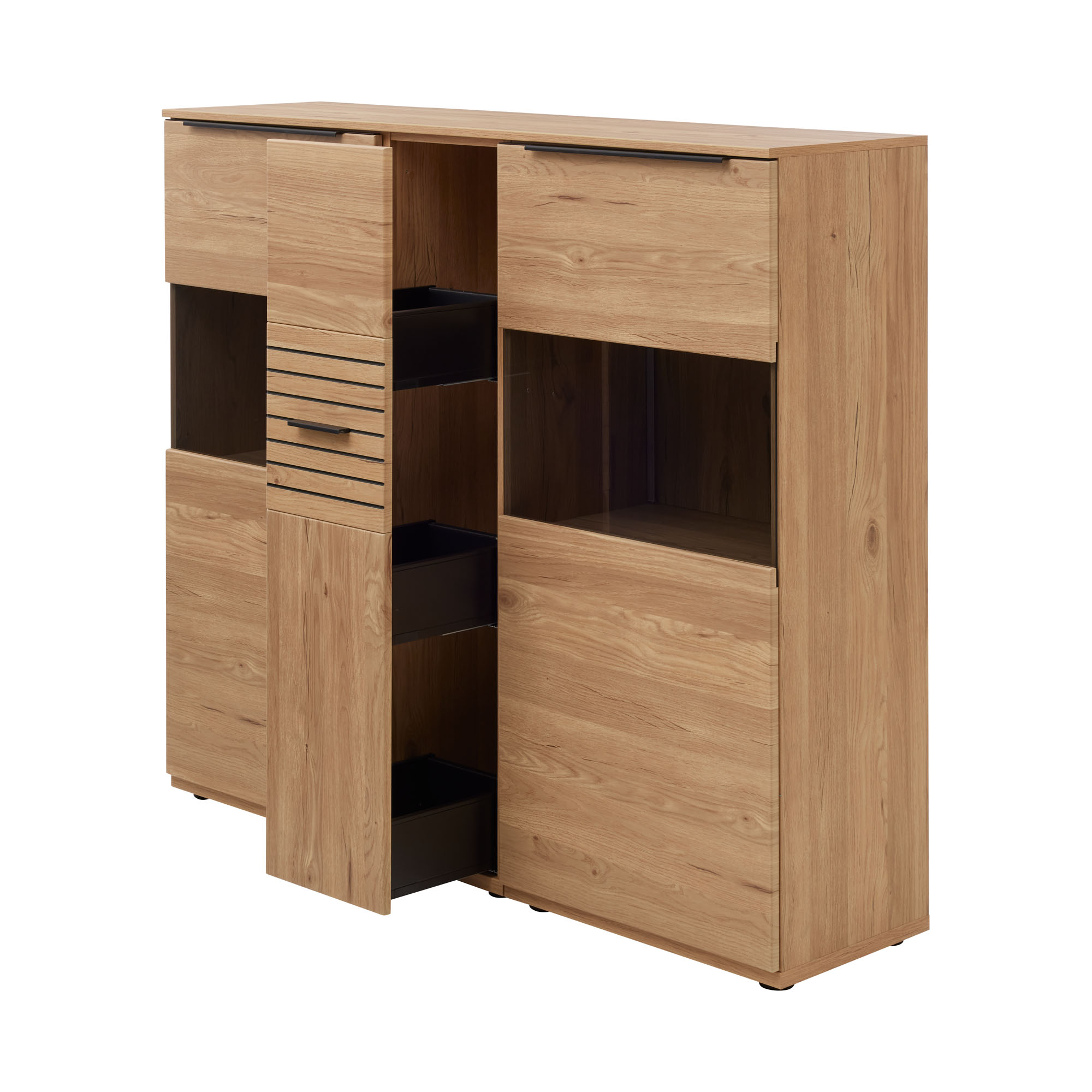 Interliving 2032 Highboard in Eiche natur mit herausgezogenem Schubkasten und sichtbarem Stauraum im Inneren