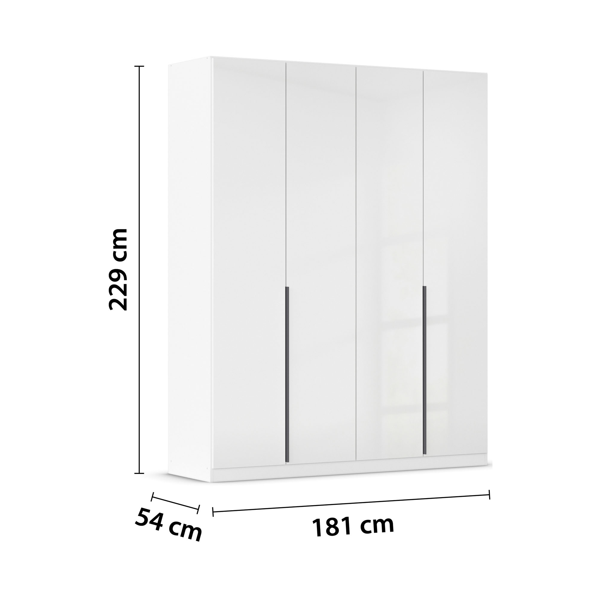 Weißer Hochglanz Drehtürenschrank mit vier Türen und Maßangaben 181 cm Breite, 229 cm Höhe und 54 cm Tiefe